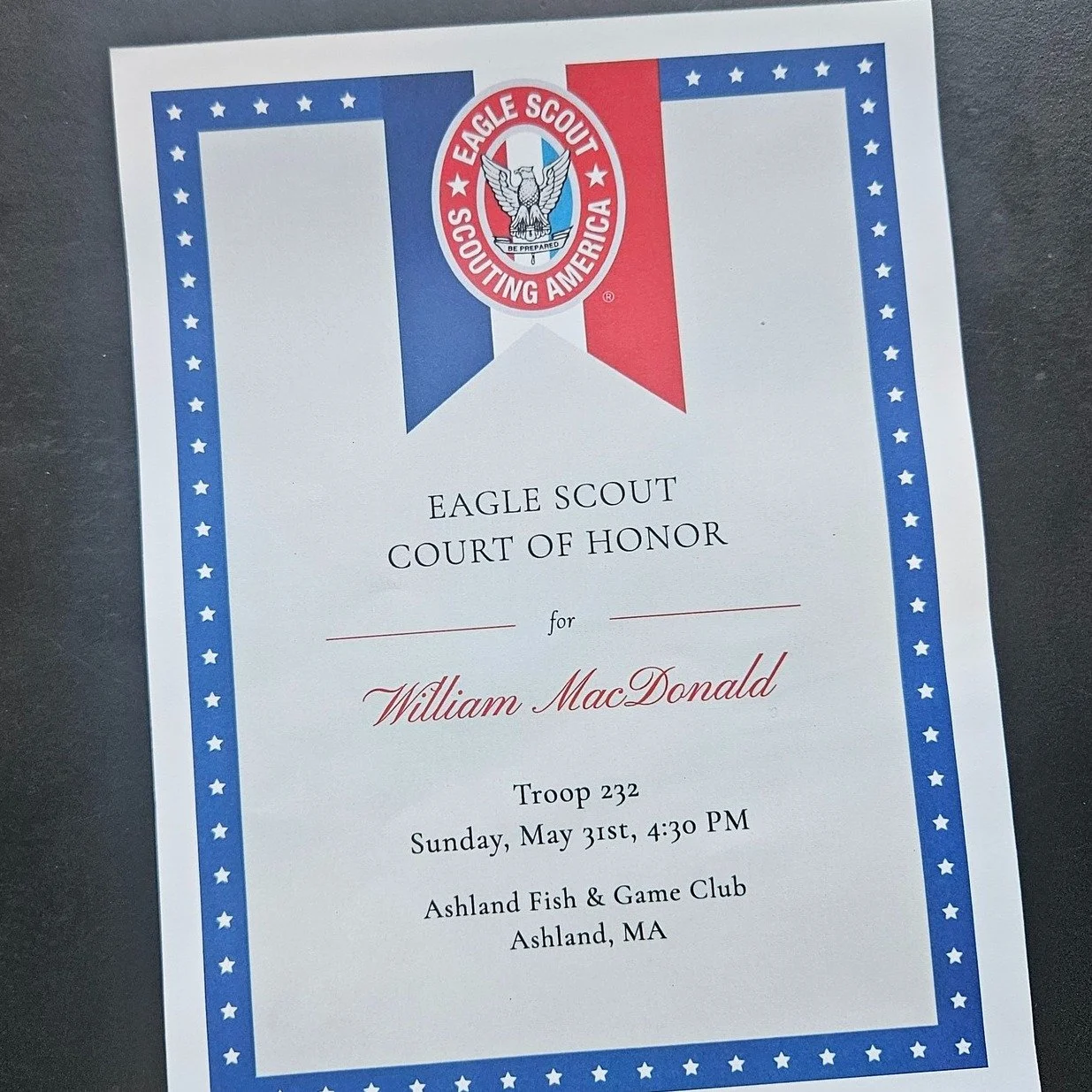 Please join me in congratulating Ashland's newest Eagle Scout, William MacDonald!

William, your family, friends, troop, and wider community are proud of all you have accomplished and excited to see where your commitment to steadfast service will lea