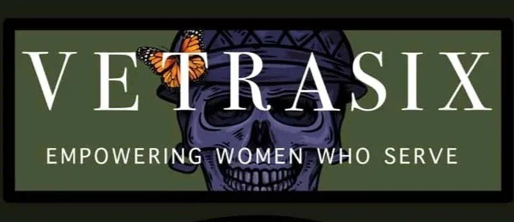 VETRASIX logo with a skull, butterfly, and the tagline 'Empowering Women Who Serve' on a green background.