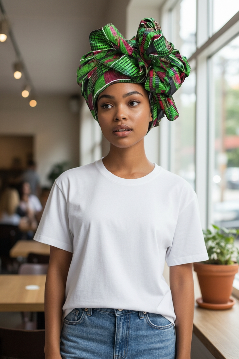 SCARF HEAD WRAP/GREEN AFRICAN KENTE PRINT