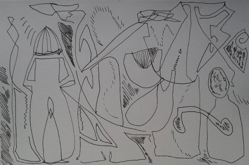 Early Sketch for Large 'Future' Drawing, 2015, 7''x10''; Pen on Paper; Status Unknown