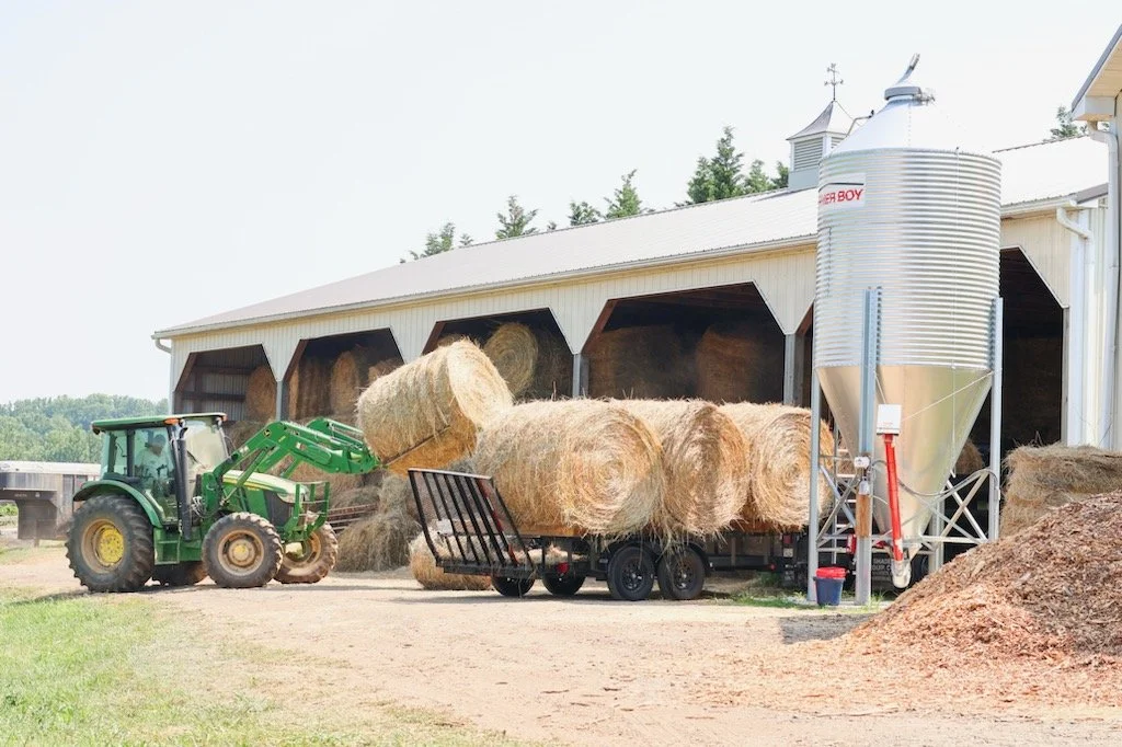 A farm scene with a green tractor lifting hay bales into a large metal storage silo. Hay bales are stacked nearby and on a trailer, with a barn in the background.