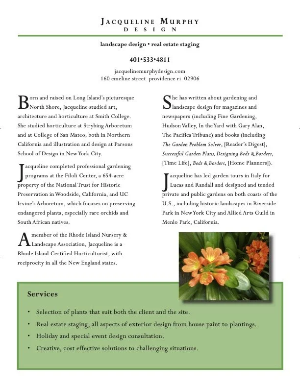 A flyer for Jacqueline Murphy Design featuring contact info, a brief bio, and services offered including landscape design and real estate staging, with a photo of orange flowers.