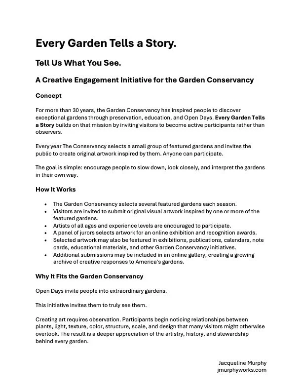 Document titled 'Every Garden Tells a Story' explaining a garden conservation initiative called 'Every Garden Tells a Story' that encourages visitors to interpret gardens through art, with sections on concept, how it works, and its relevance.