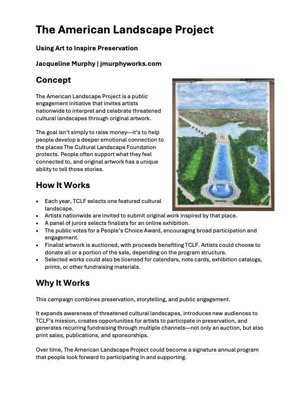 Colorful landscape painting depicting the Lincoln Memorial Reflecting Pool, in view of a campaign about The American Landscape Project.