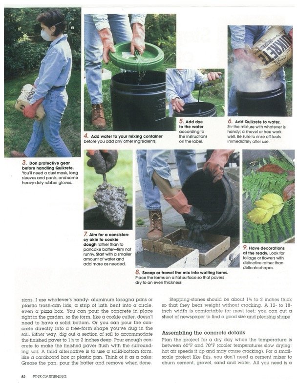 Image showing a step-by-step process for mixing and applying Quikrete concrete. It includes images of adding water to a container, adding dye and Quikrete to water, handling concrete, pouring into forms, and having decorative plants. The steps involve wearing protective gear, mixing ingredients, pouring into forms, and decorating.