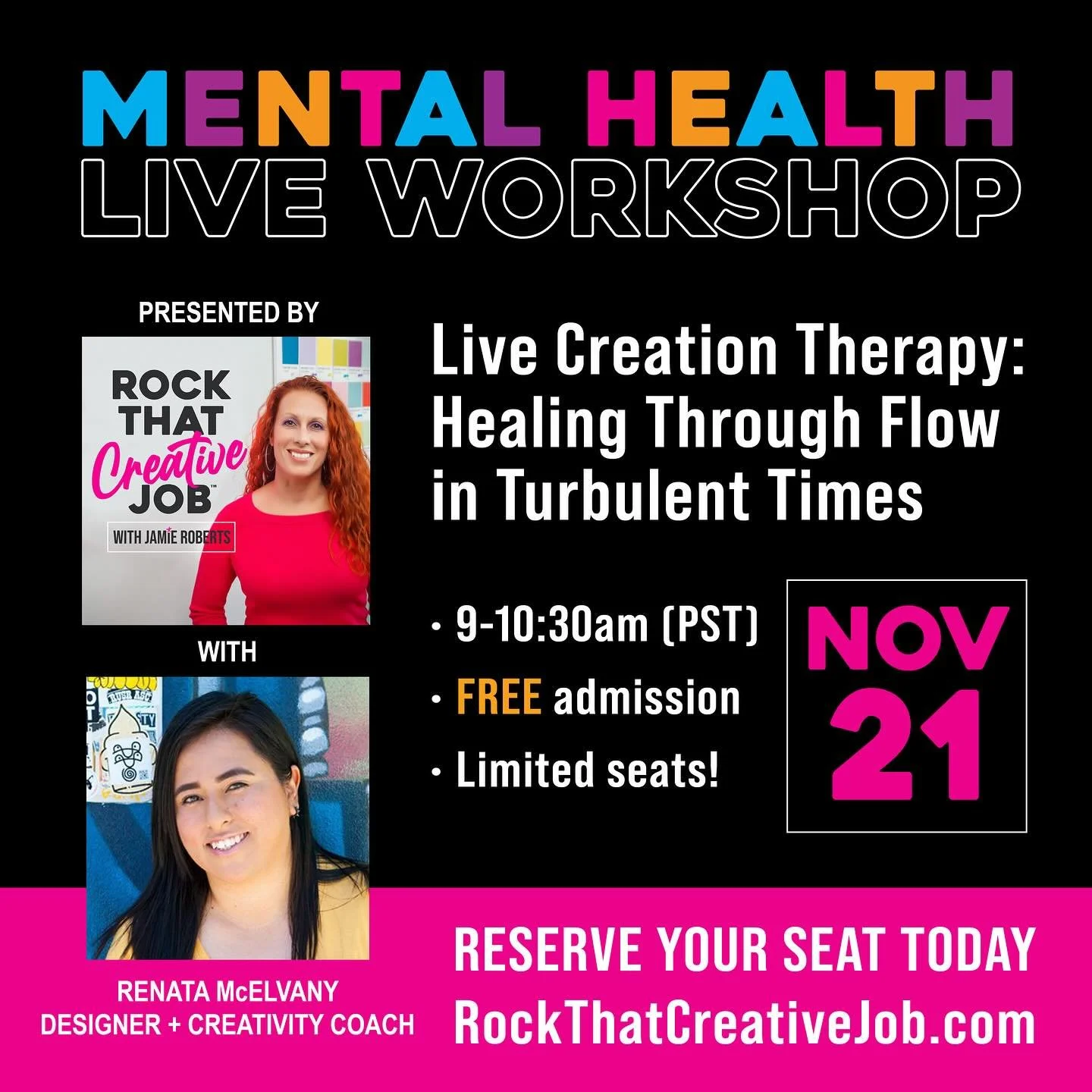 This week I&rsquo;m excited to be collaborating with my friend Jamie from @rockthatcreativejob to facilitate a FREE online live 90-minute creation therapy workshop.
​
Join us as I guide you into creative flow in a welcoming, judgment-free space to he