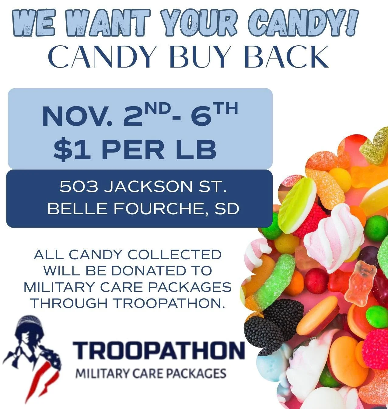 A little sweetness for our troops and a little cash in your kids&rsquo; pockets! 🇺🇸 💵 

Join us for our Candy Buyback November 2&ndash;6! 🍬