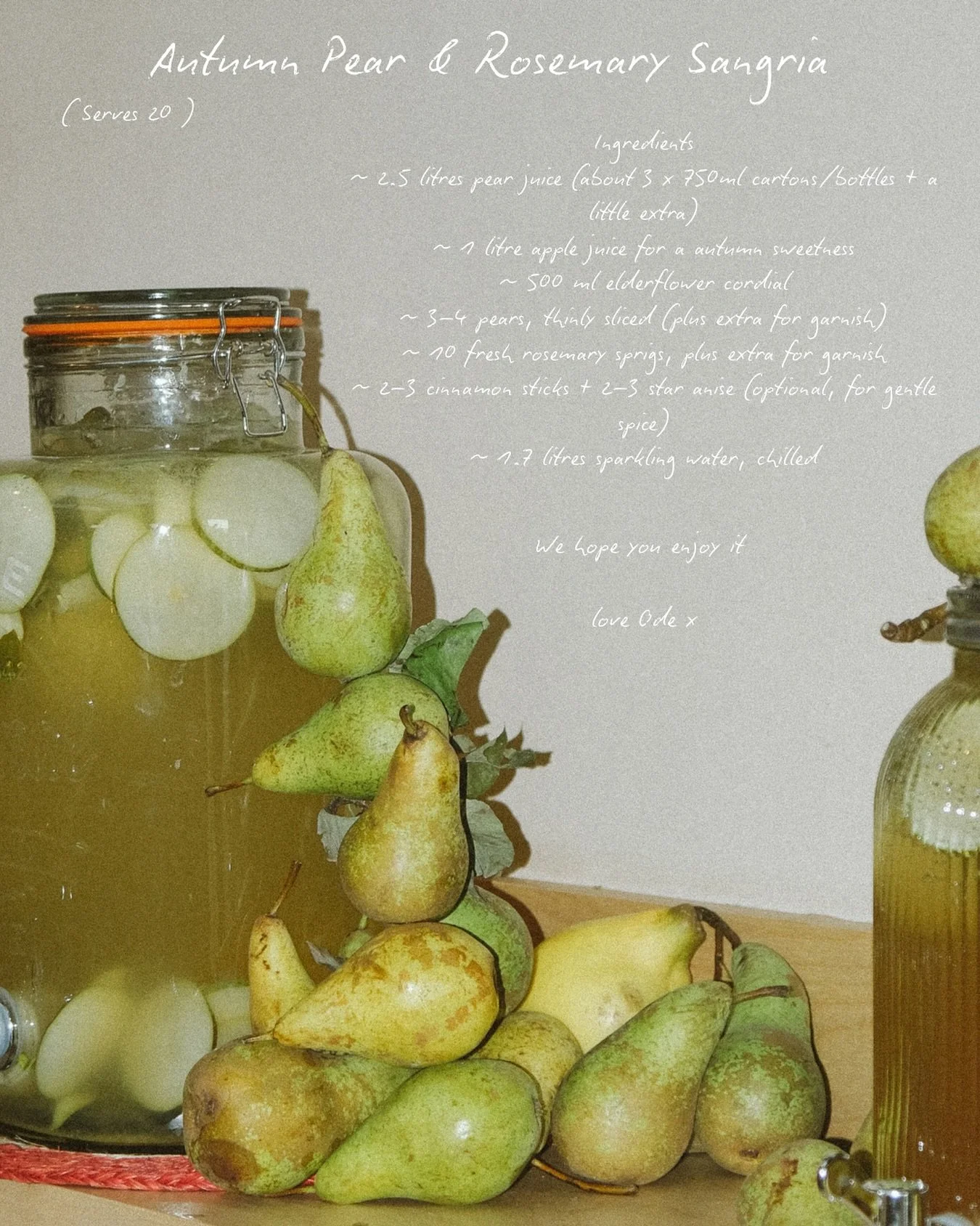 The recipe you&rsquo;ve been asking for is here 🧃

We served this Autumn Pear &amp; Rosemary Sangria 🍐 at our launch party last week, and it was such a quiet favourite!
Light, seasonal and beautifully infused, it&rsquo;s the perfect little somethin