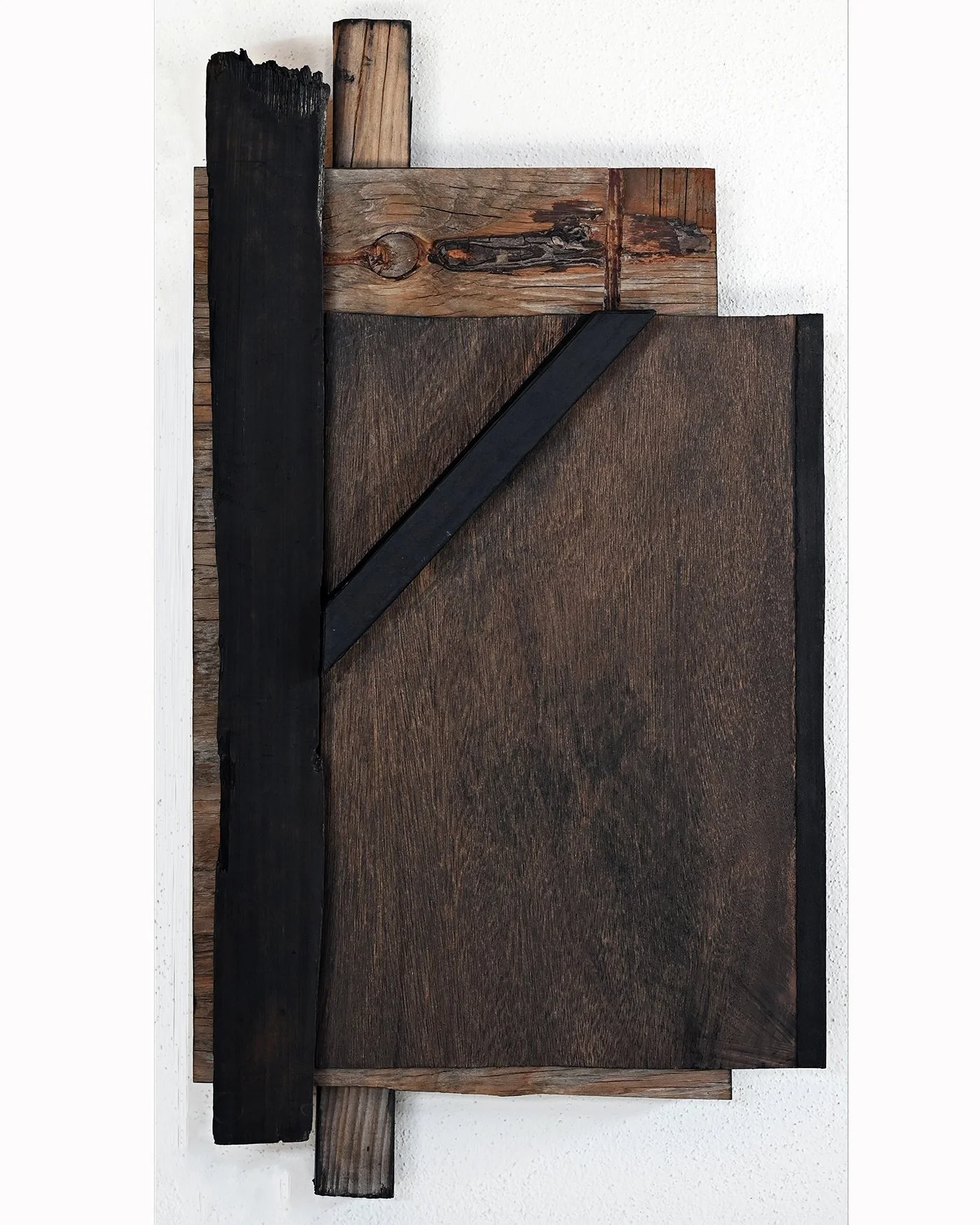 temporary shelter - 28x24 in, reclaimed wood, tar, tar paper, ash, ink, 2025