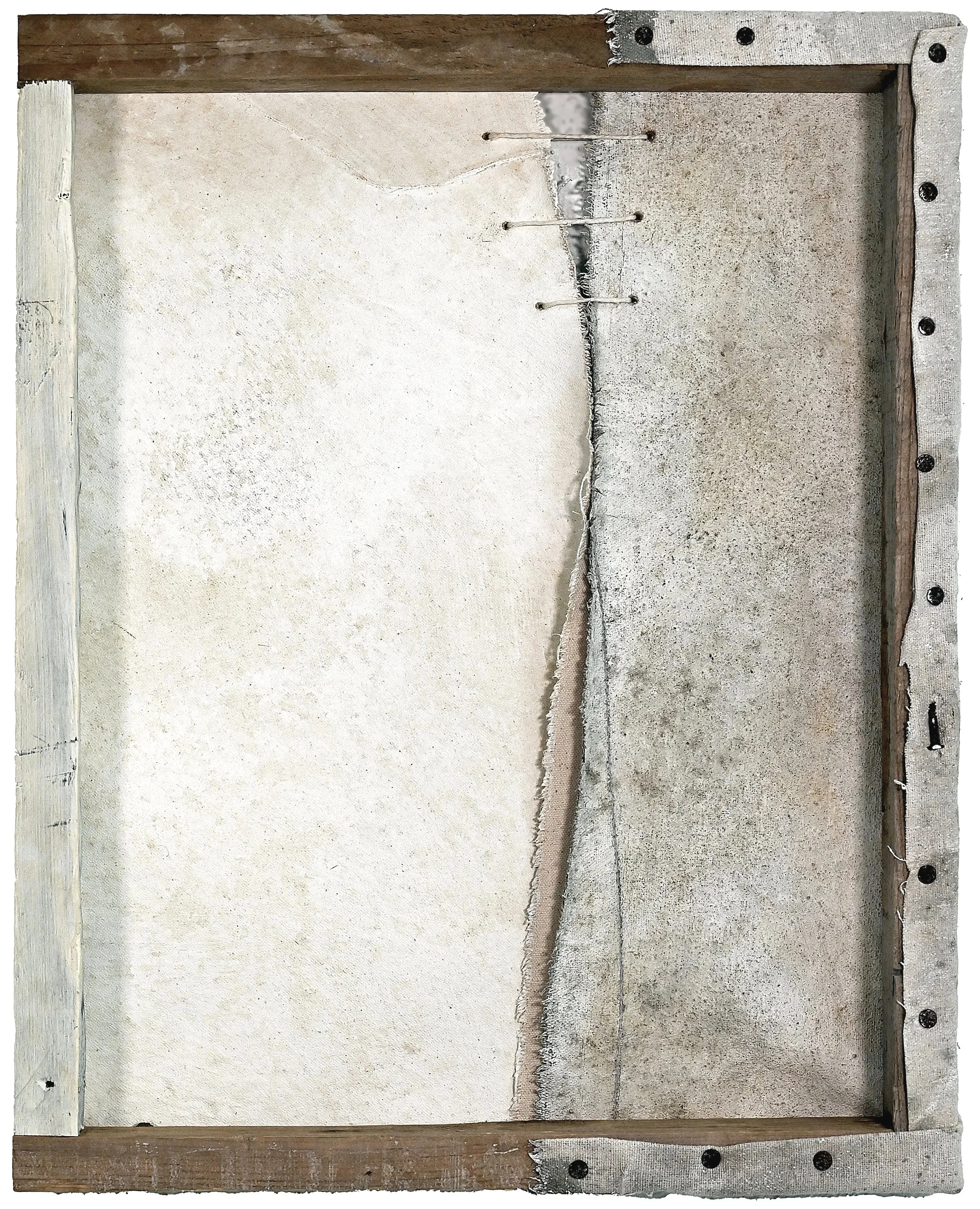 abiding - 18x14 in, recycled canvas, pigment, earth, reclaimed wood, rusted nails, cotton twine, 2026