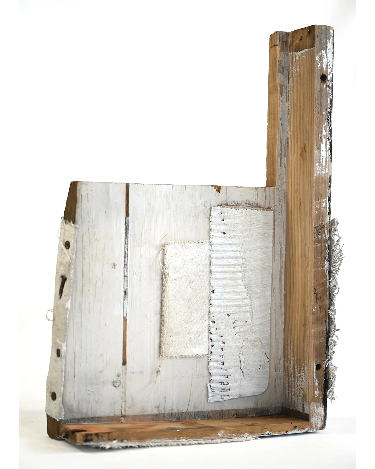 these scars are fine - 15x10x3 in, reclaimed wood, reused canvas, pigment, cardboard, worn fabric, hand stitching, agave spine, 2026