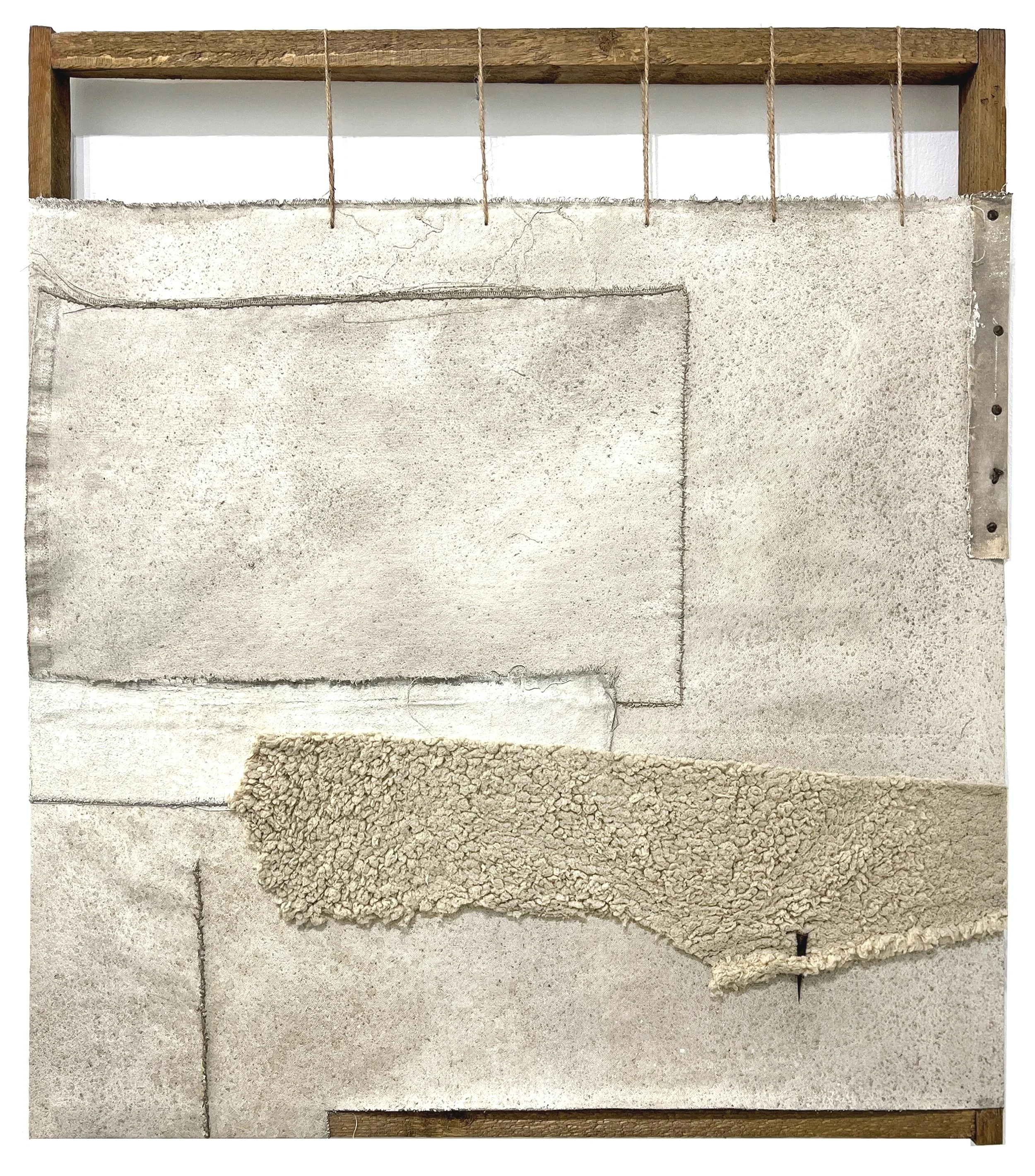all the shadow pieces - 37x32 in, reused canvas, reclaimed wood, worn fleece and fabric, twine, agave spine, 2026