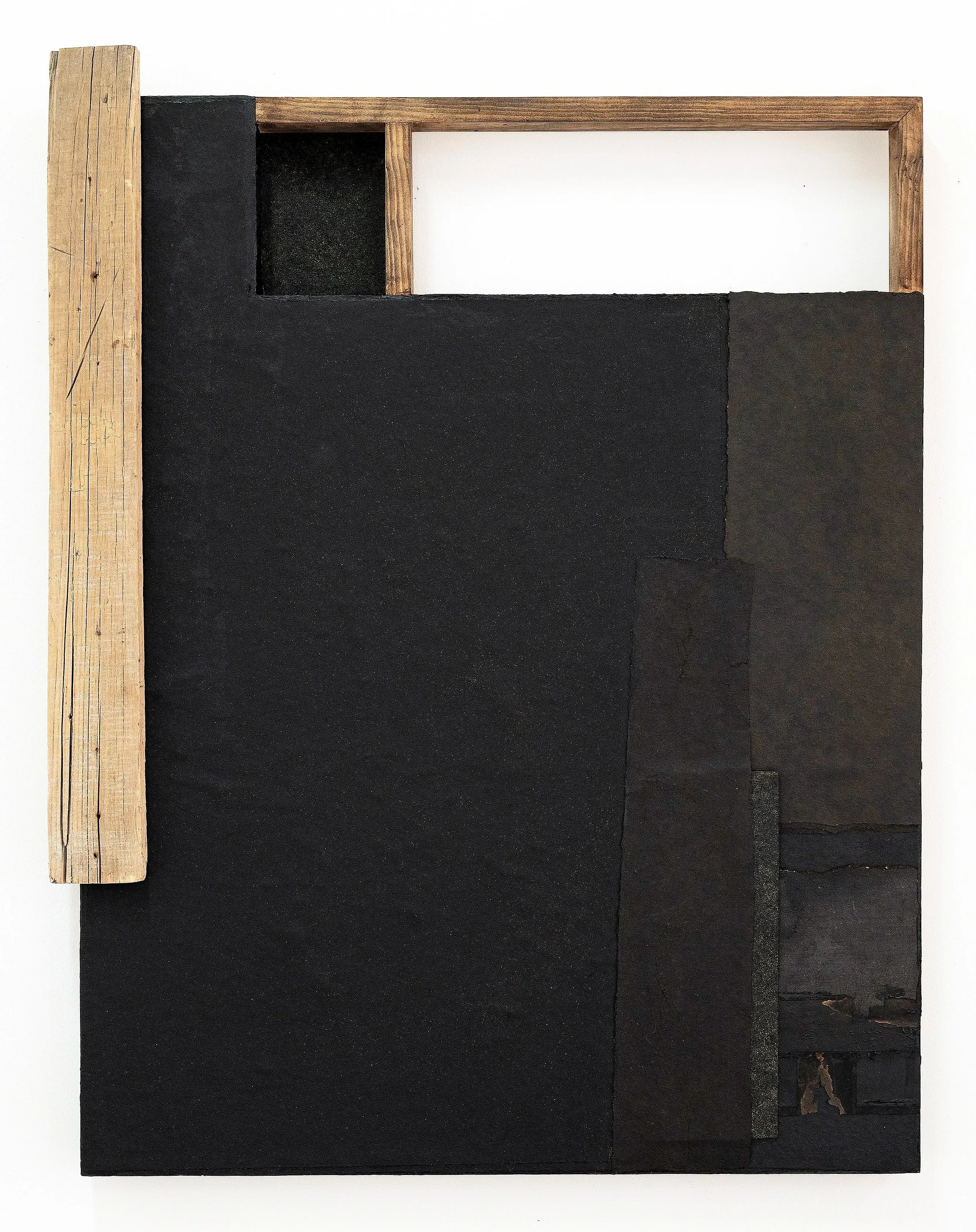 a place to hide - 38x30x3 in, reclaimed wood, asphalt shingles, asphalt, tar paper, earth, flame, ink, 2024
