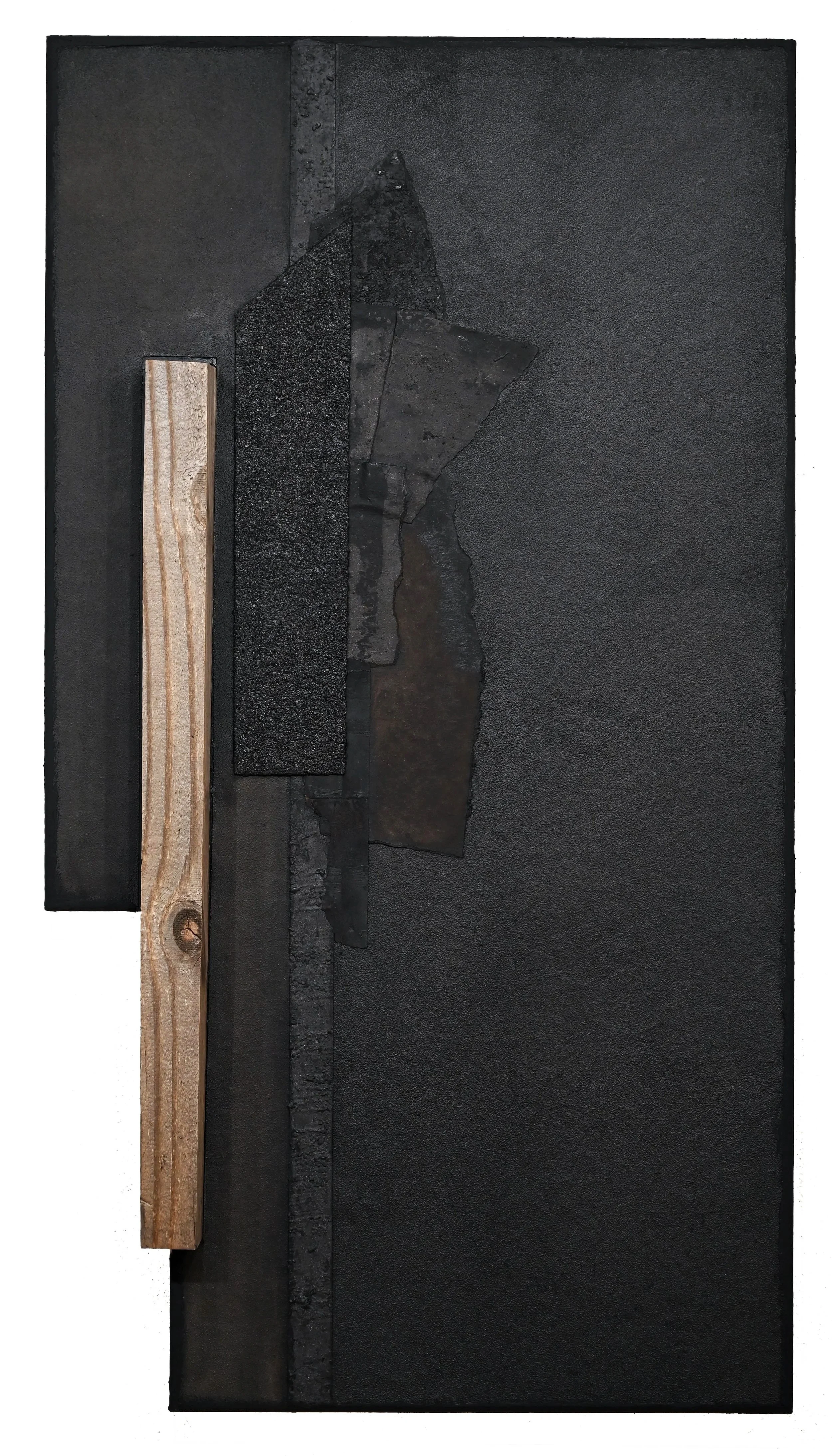 remnants - 44x24 in, reclaimed wood, asphalt shingles, tar, tar paper, earth, ink, flame, 2025
