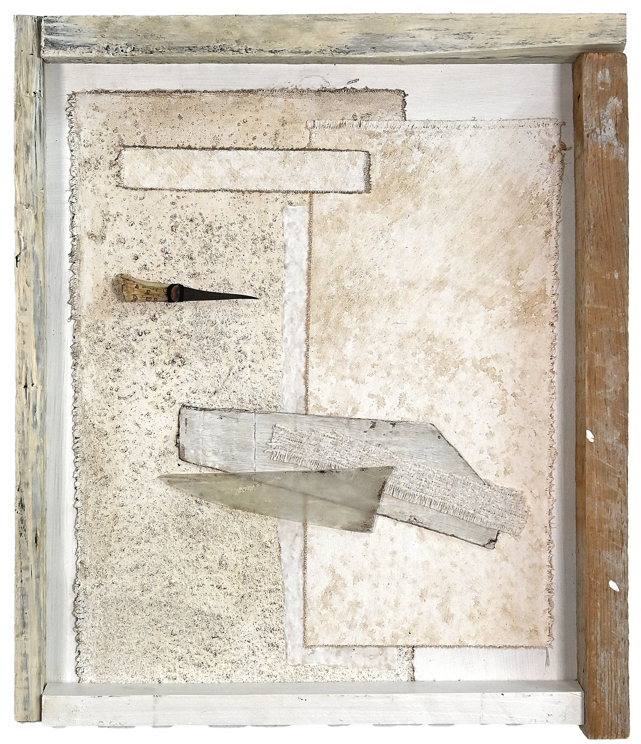 truths - 18x14 in, reused canvas, reclaimed wood, pigment, earth, old cardboard, worn fabric, hand stitching, agave spine, broken glass, 2026