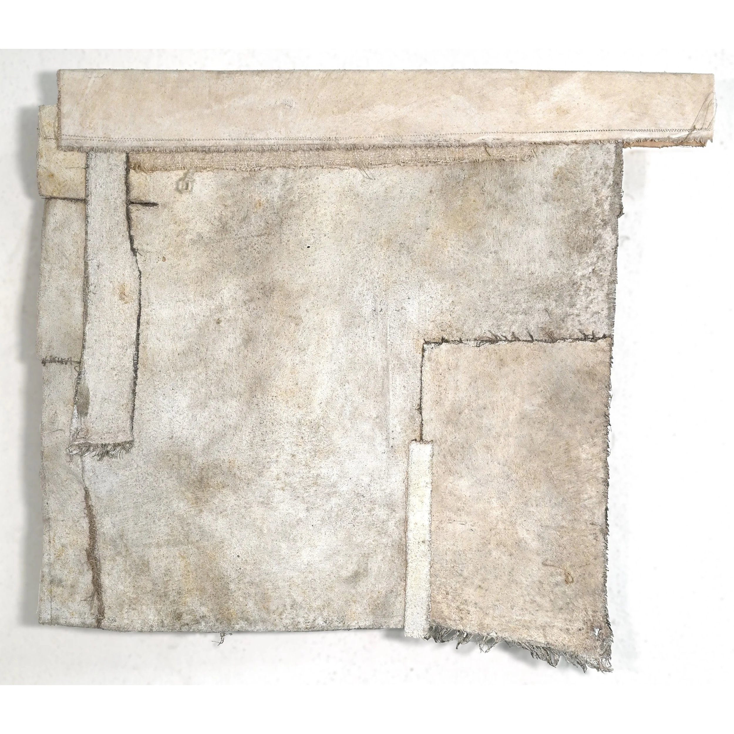 after many years - 24x27 in, reused canvas, worn fabric, pigment, hand and machine stitching, 2026