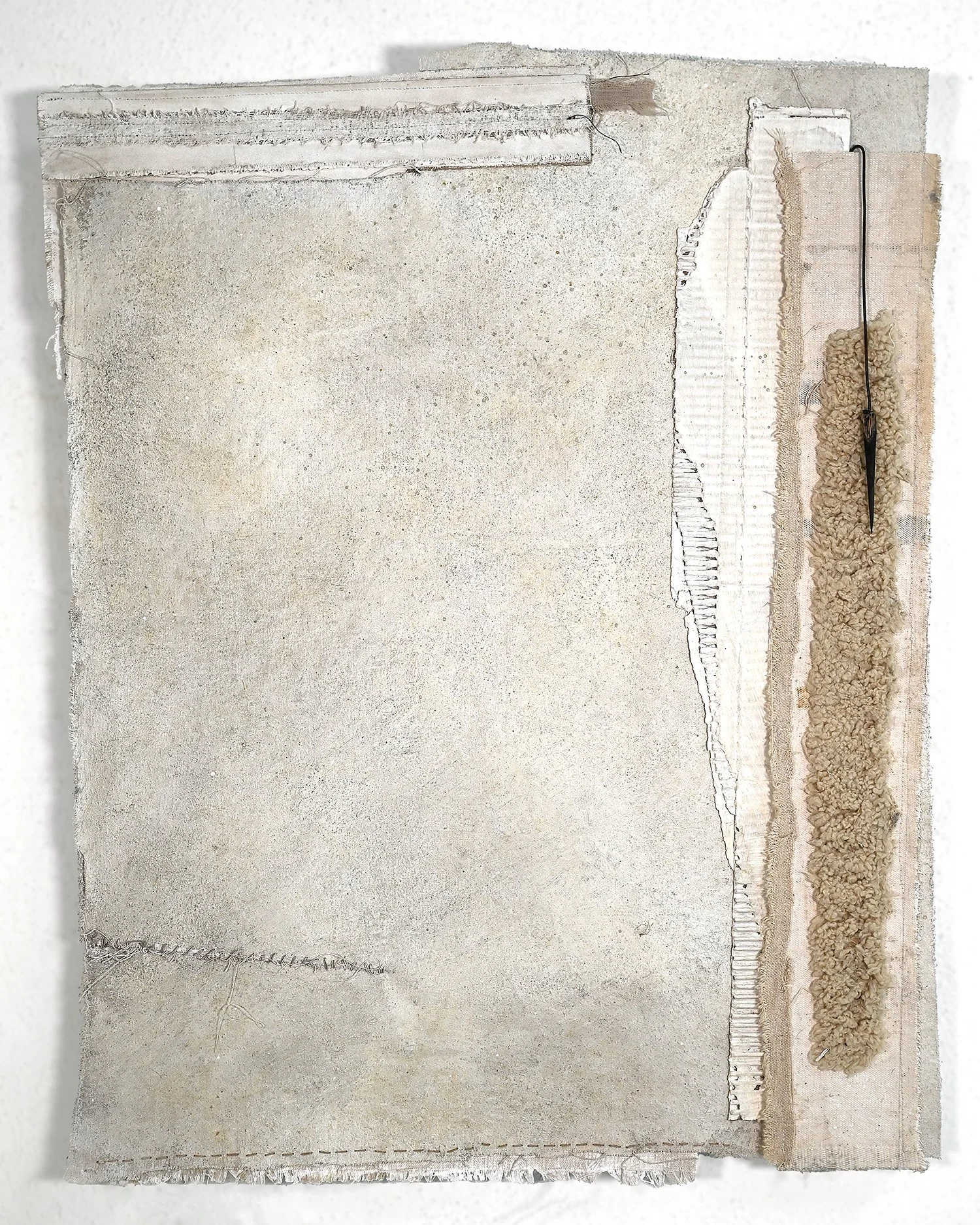 devotion - 32x23 inches, reused canvas, old cardboard, work fleece, pigment, earth, rusted wire, agave spin, hand and machine stitching, 2026