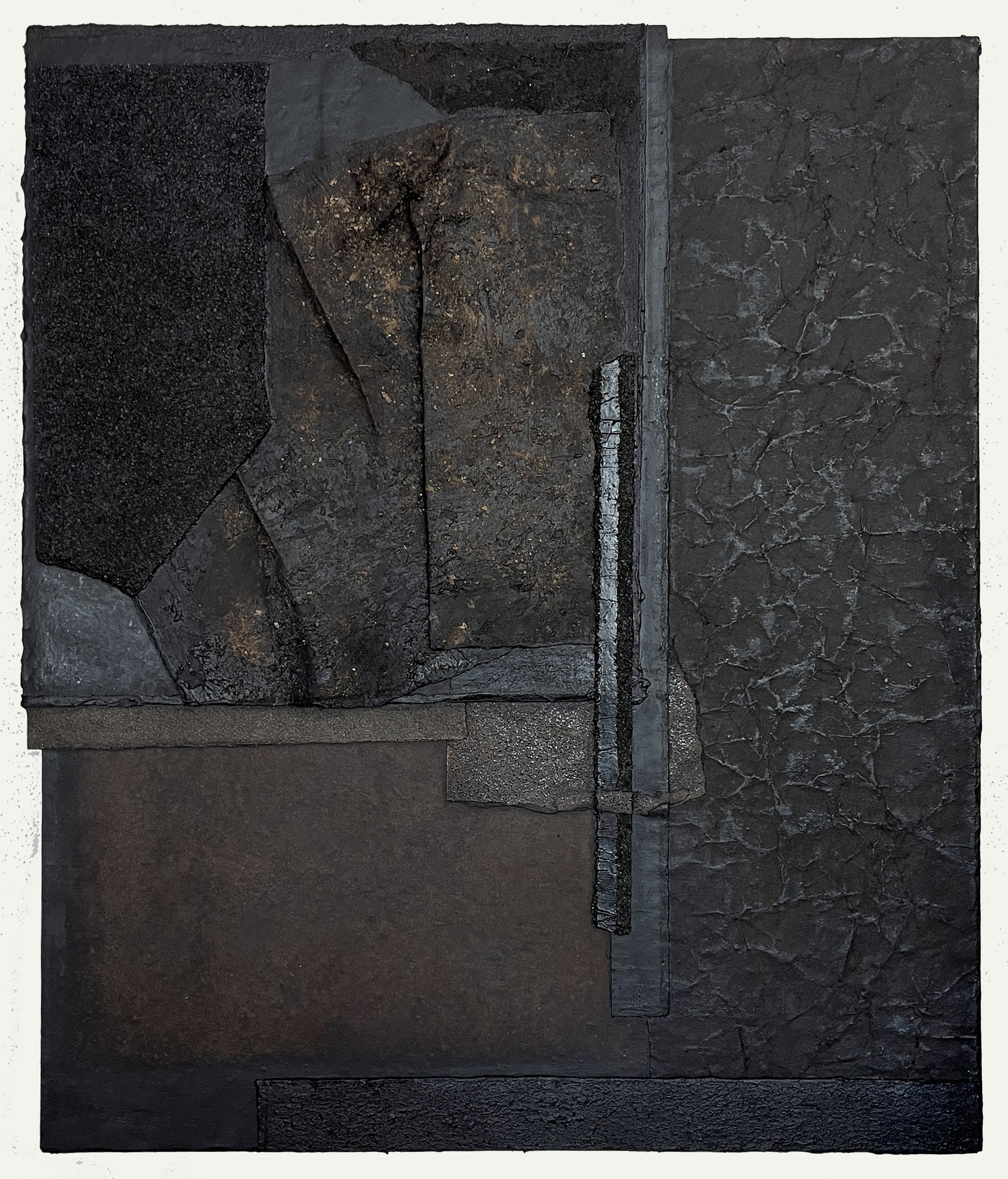 black kite - 28x24 in, asphalt shingles, tar, tar paper, earth, ink, ash, flame, 2024