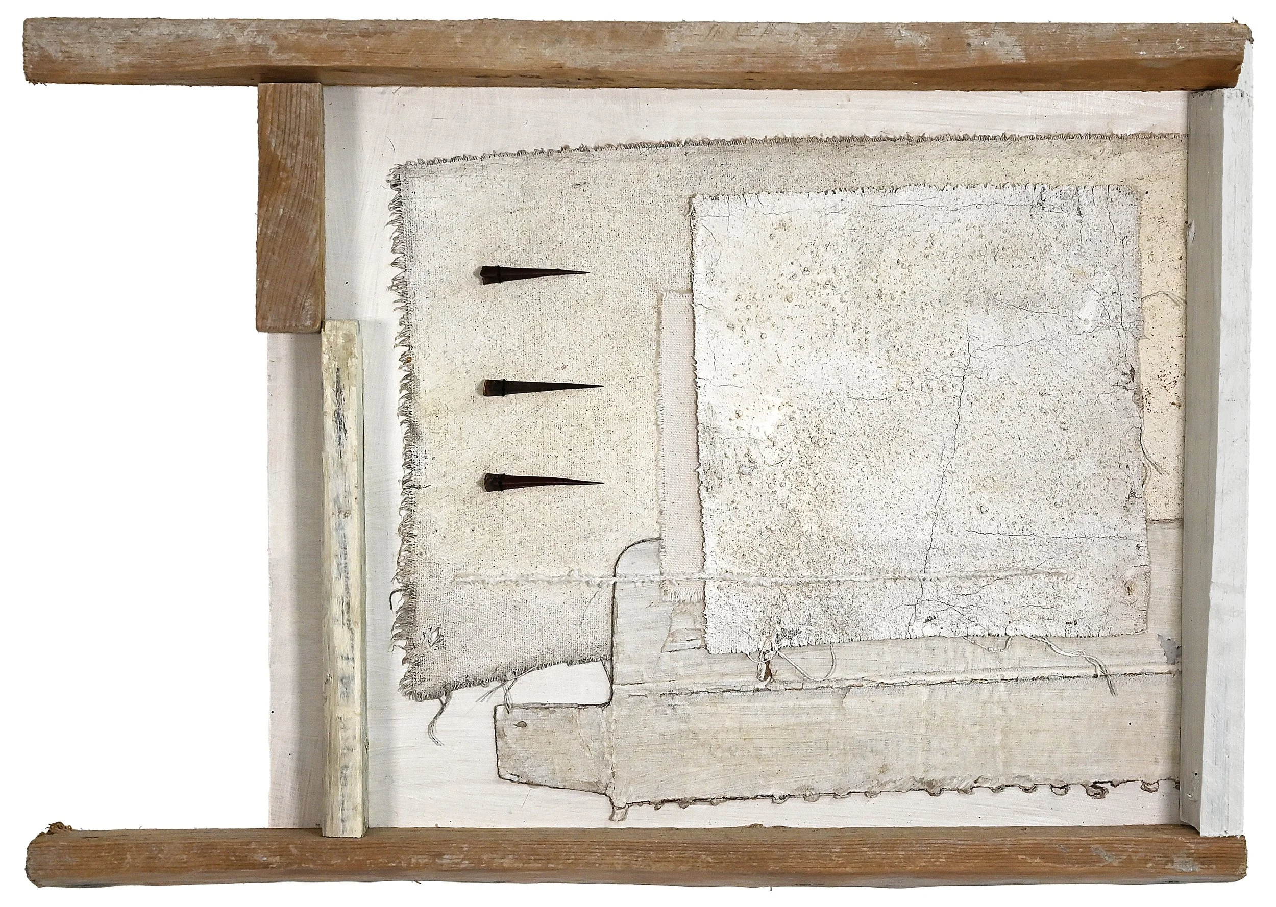 those days - 14x21 in, reused canvas, reclaimed wood, pigment, earth, worn fabric, old cardboard, hand stitching, agave spines, 2026