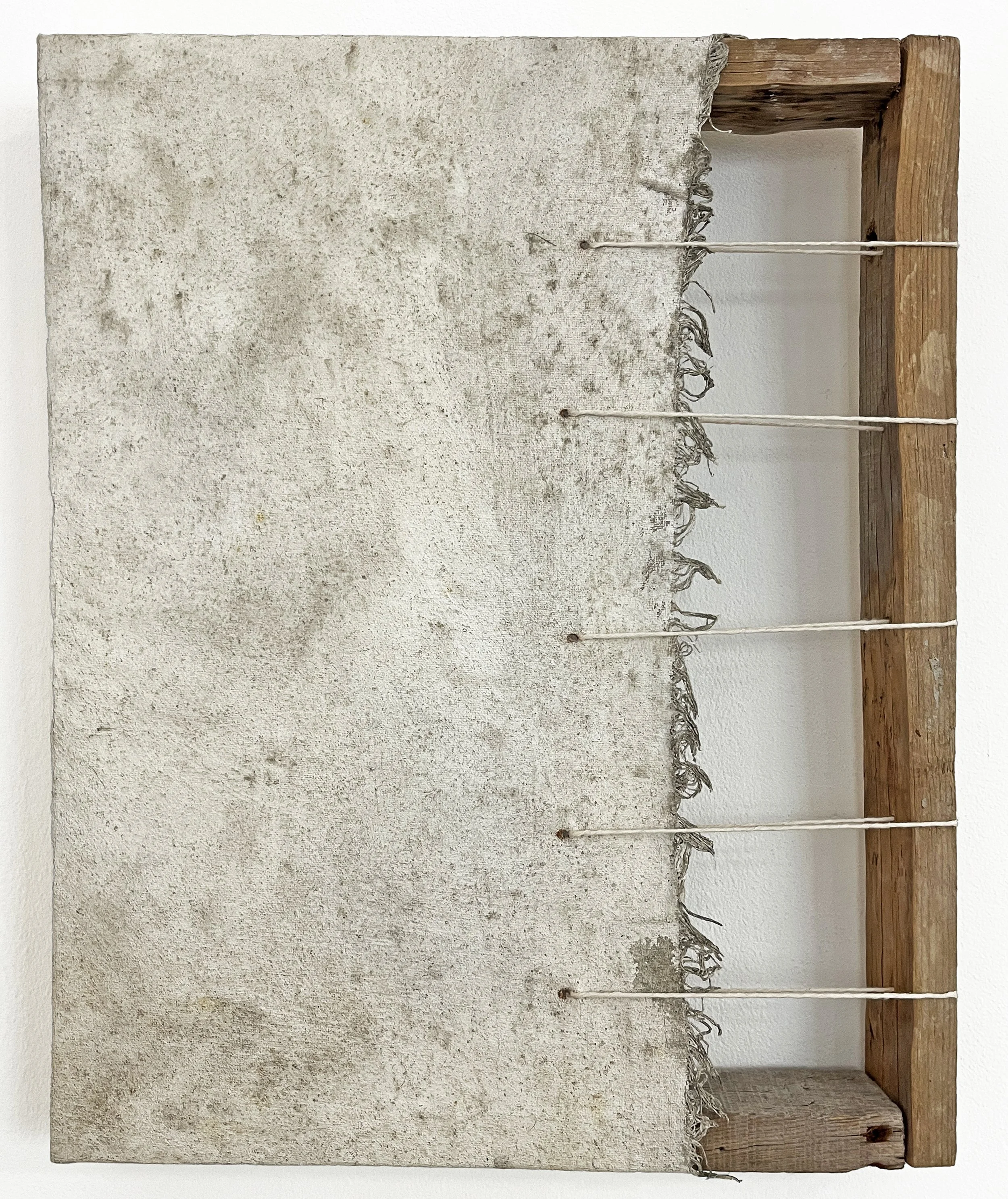 this is what it takes - 18x14 in, reused canvas, reclaimed wood, pigment, earth, twine, 2026