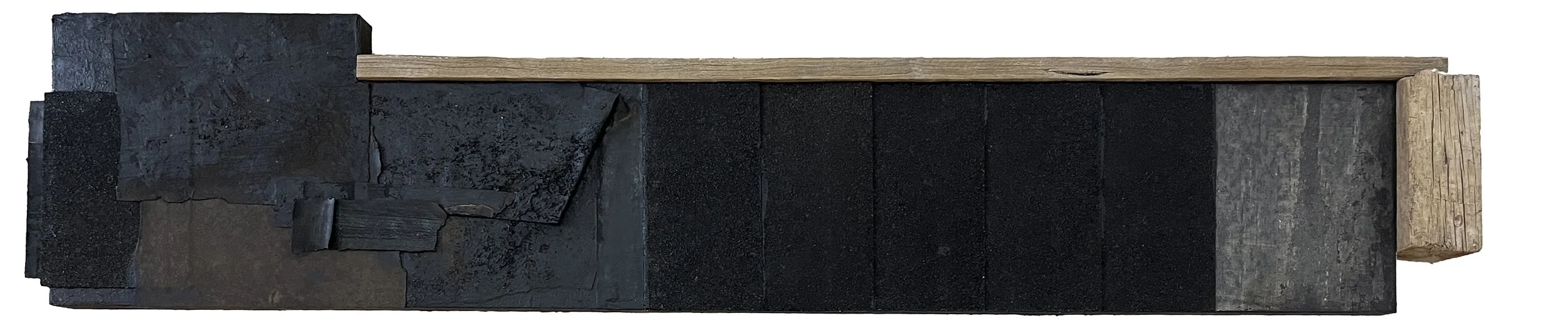      alone - 66x15x6 in, reclaimed wood, asphalt shingles, tar, tar paper, earth, ink, ash, 2024
