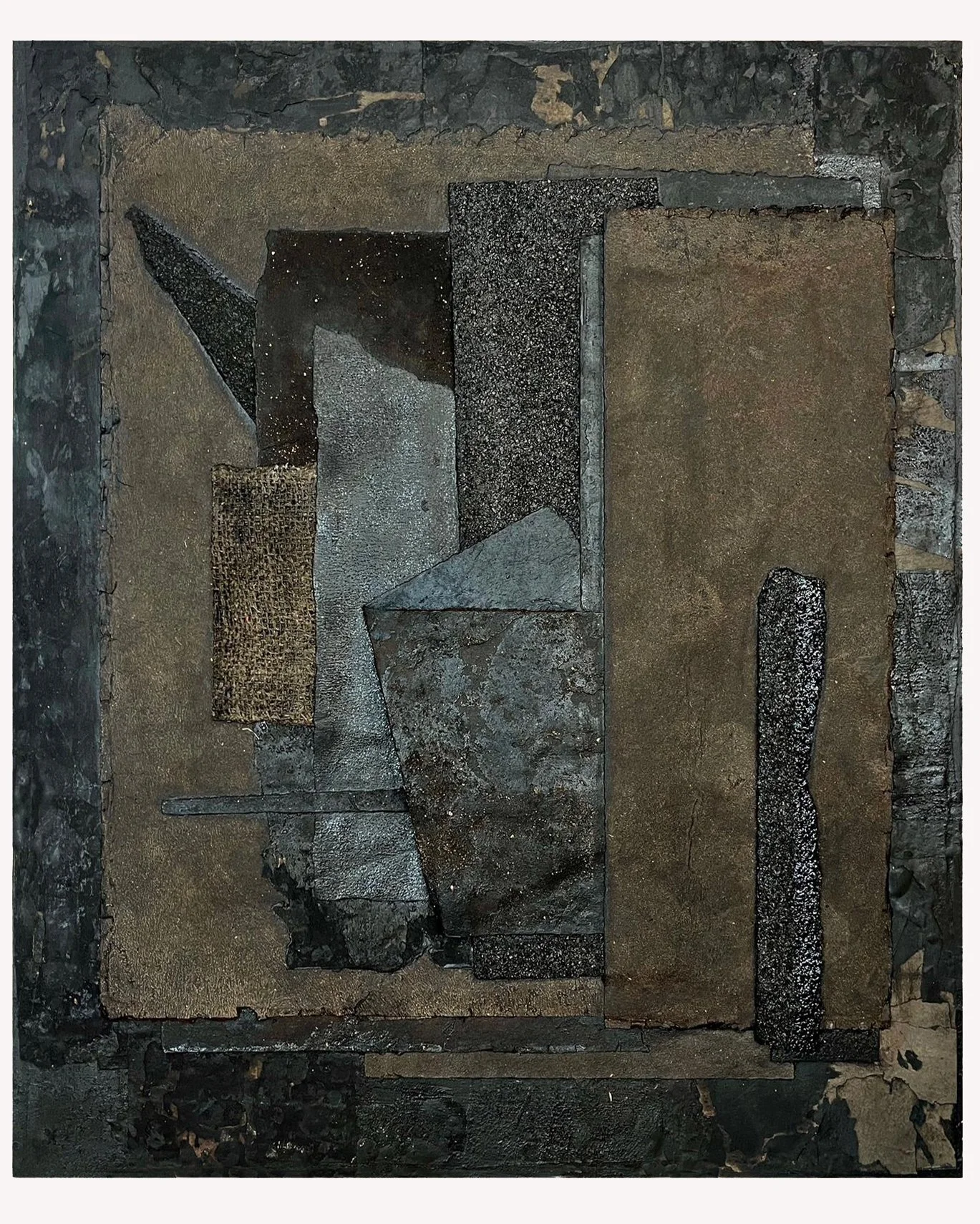 looking back - 28x24 in, asphalt shingles, tar, tar paper, earth, ash, ink, flame, 2024