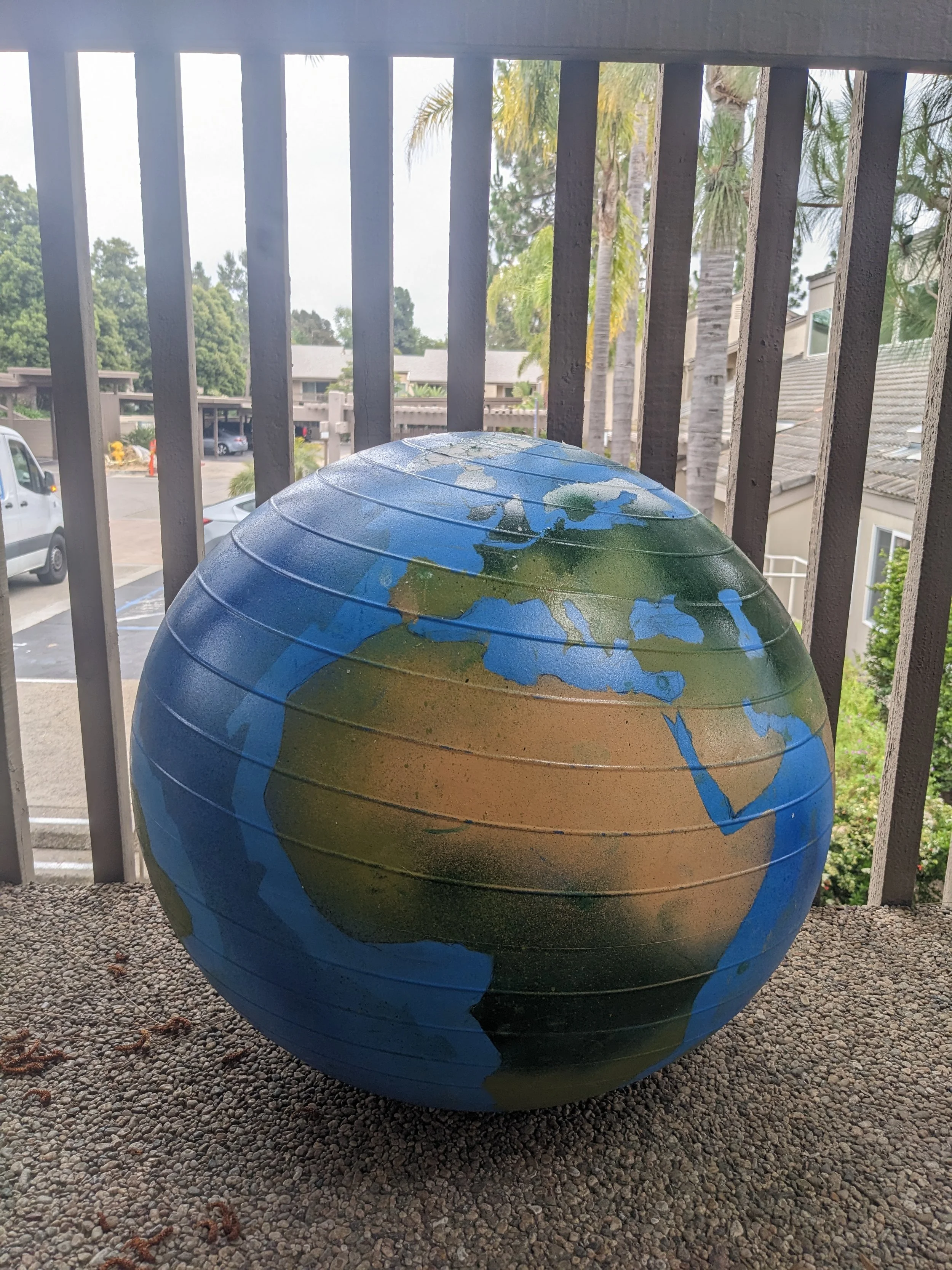 'Globe impact'. Spray paint on yoga ball, hand painted.