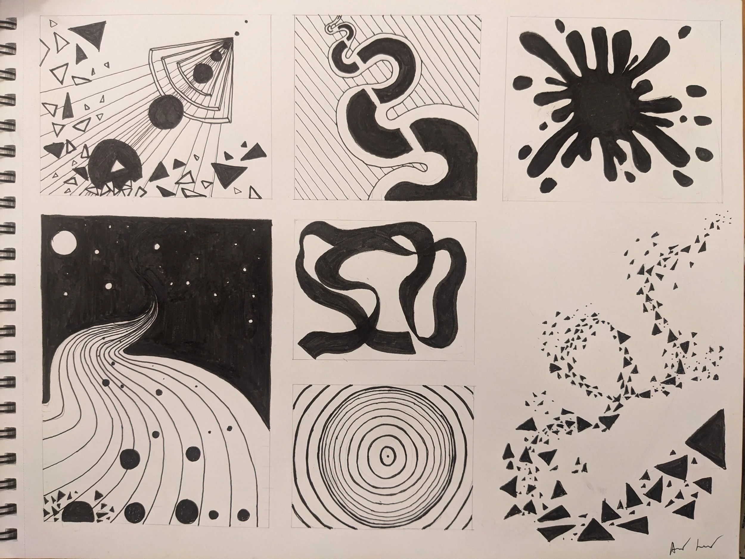 'Movement'. An assignment where we had to create snippets and create a coherent composition or story. I chose to try and convey 3D movement on a piece of paper. Ink