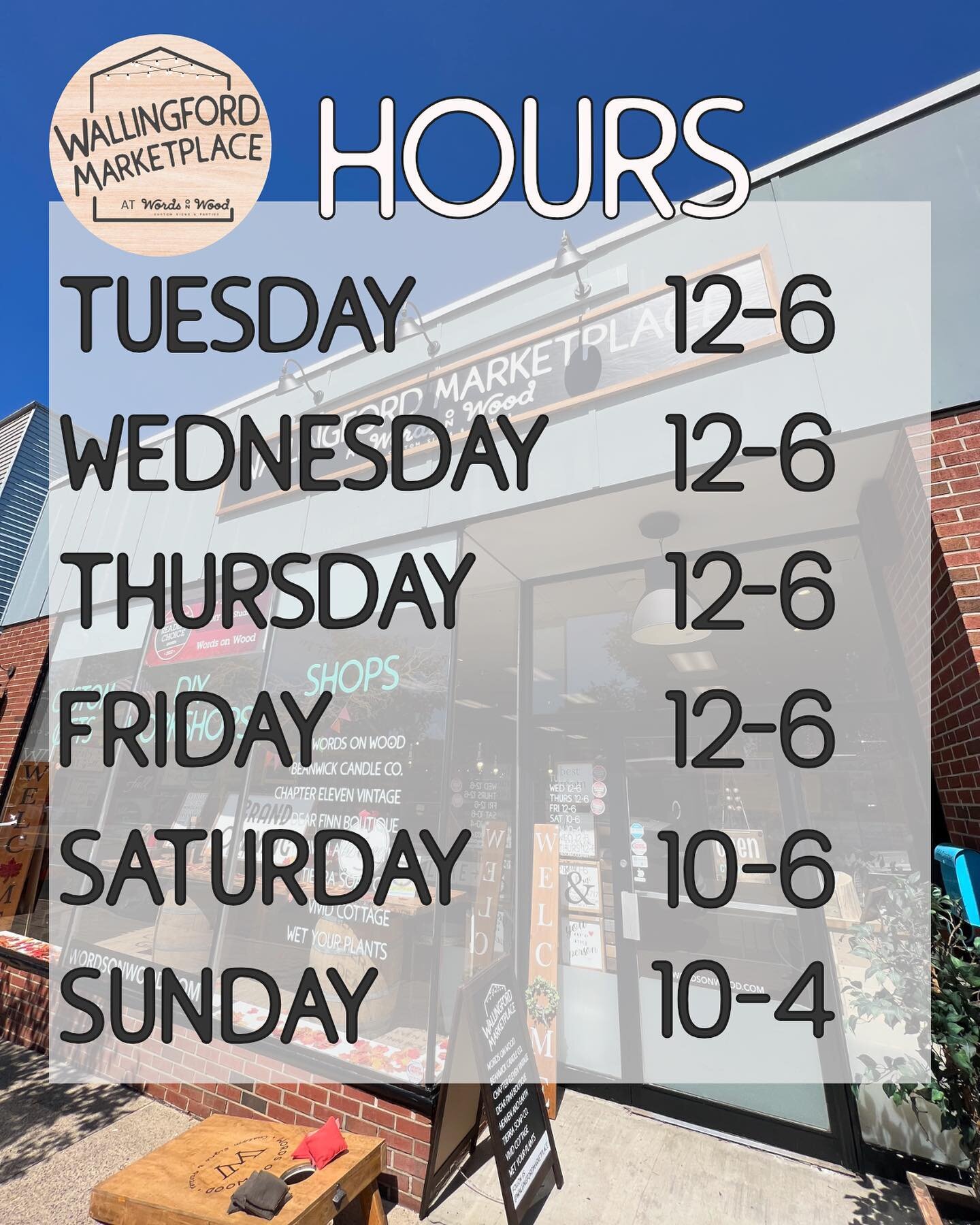 The Wallingford Marketplace is open 6 days a week! We will also be open during Words on Wood workshops and parties 🎉 

Hours:
Tuesday-Friday 12-6
Saturday 10-6
Sunday 10-4