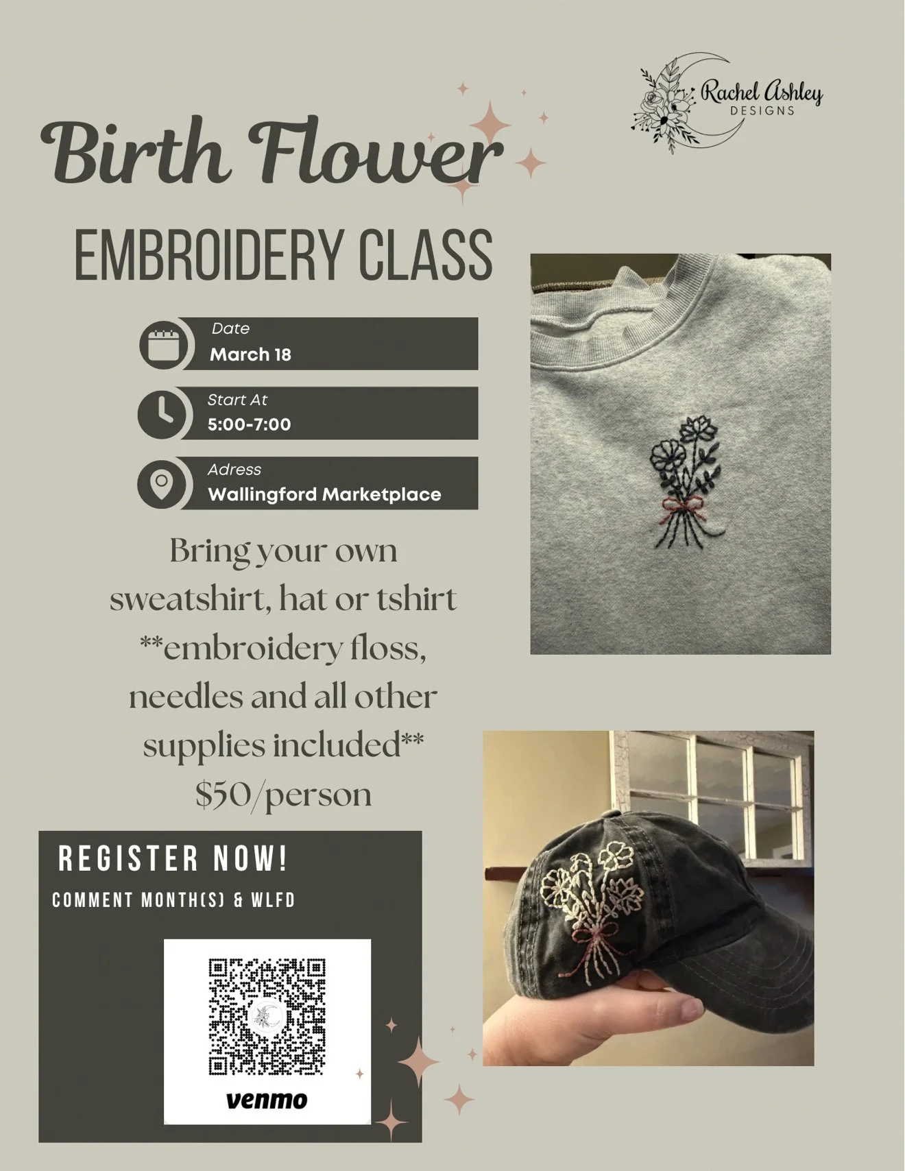 Birth Flower Embroidery Class hosted by Rachel Ashley Designs