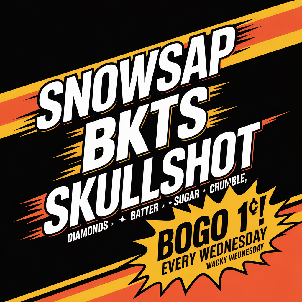 A promotional sign with bold white text on a black background, featuring orange and yellow accents. It advertises a deal on skullshot with items like diamonds, batter, sugar, and crumble, and offers a buy-one-get-one-free deal every Wednesday, called