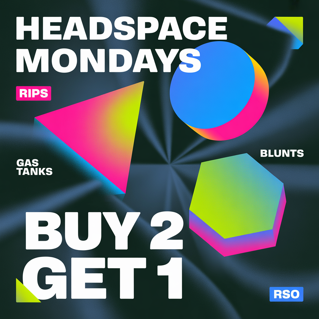 A promotional graphic with colorful 3D shapes, including a pink triangle, a blue circle, and a yellow-green hexagon, displaying text about a sale offer for headspace products, with phrases like 'Headspace Mondays,' 'Buy 2 Get 1,' and labels such as '