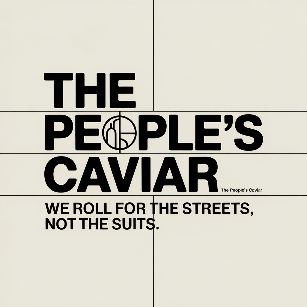 Text poster with the title 'The People's Caviar' and a subtitle saying 'We roll for the streets, not the suits' on a plain background.
