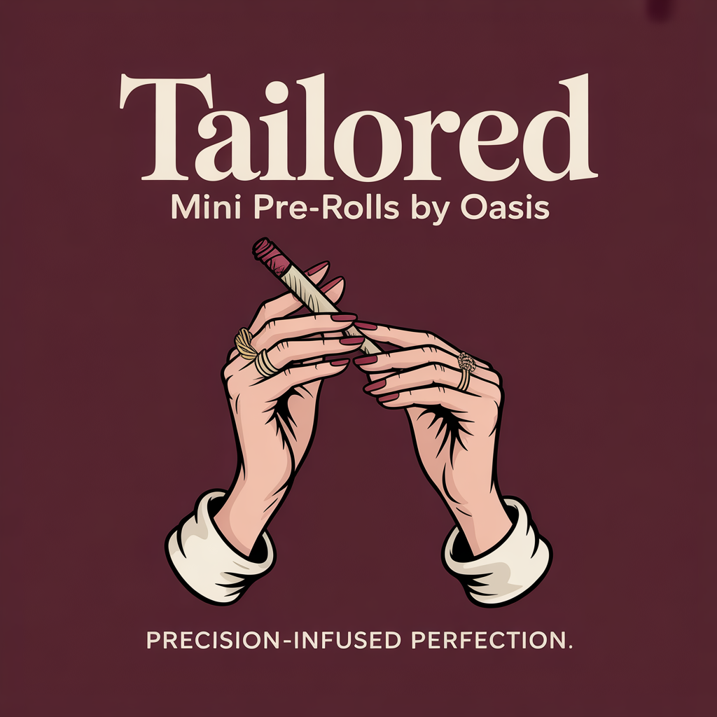Packaging for Oasis Tailored Mini Pre-Rolls, featuring an illustration of hands holding a pre-rolled joint and the slogan 'Precision-Infused Perfection'.