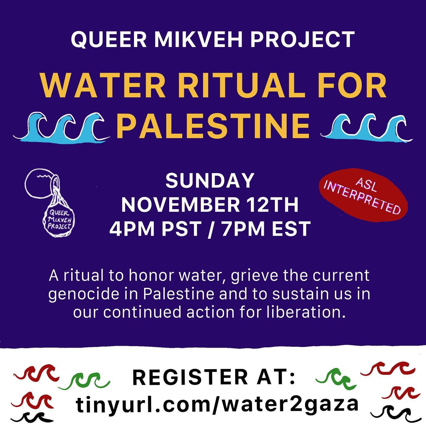 Queer Mikveh Project: Water Ritual for P@lestine 

A VIRTUAL ritual to honor water, grieve the current genocide in P@lestine and to sustain us in our continued action for liberation. 

RSVP at tinyurl.com/water2gaza

Sliding Scale $5-$50 This is a fu