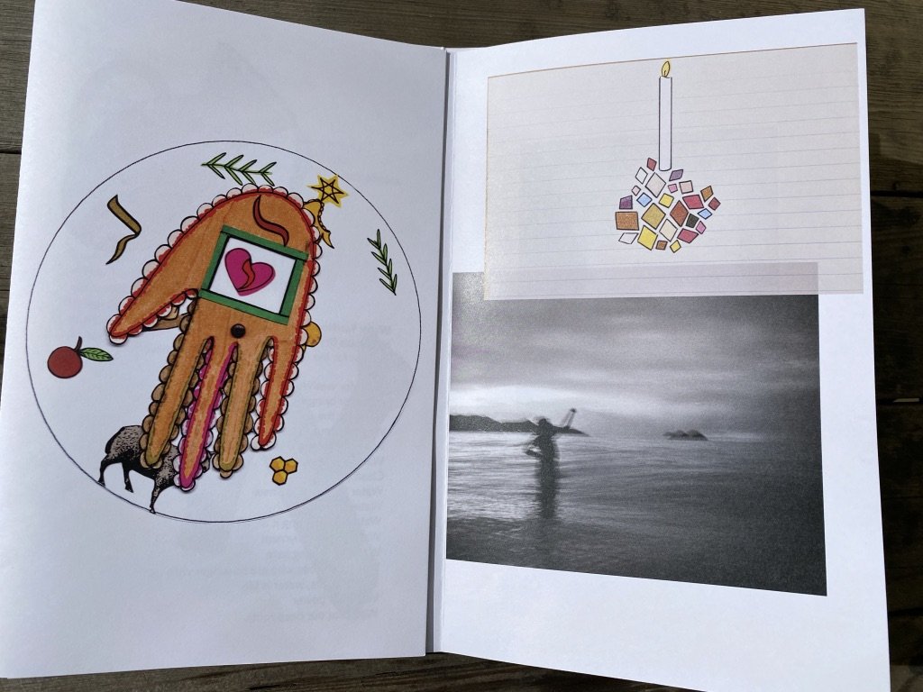 An open zine page features a multi-colored hamsa drawing, a computer rendering of a candle, and a photo of a person in the ocean.