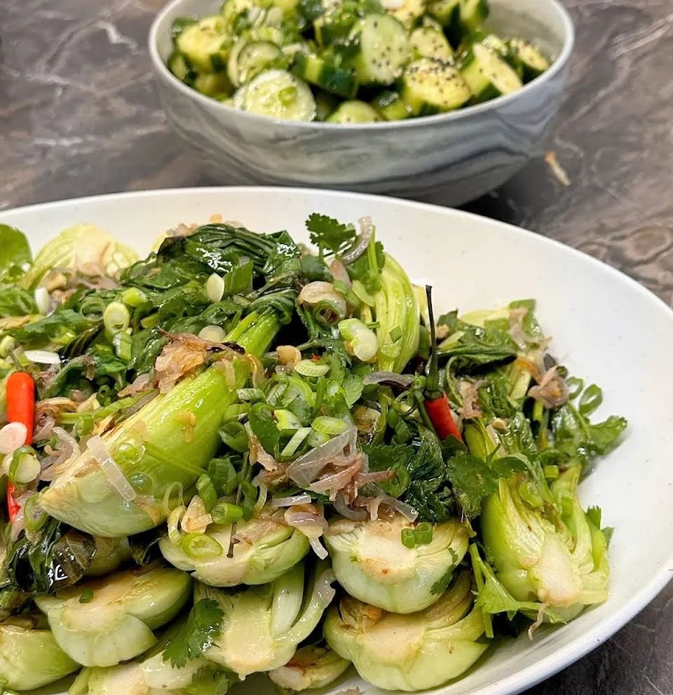 Friday Special: bok choy saut&eacute;ed with ginger, garlic and scallions. It pairs perfectly with our other specials: roast salmon with miso, ginger, scallions, and toasted sesame seeds and steamed Asian rice. Pick up a couple servings for an easy, 