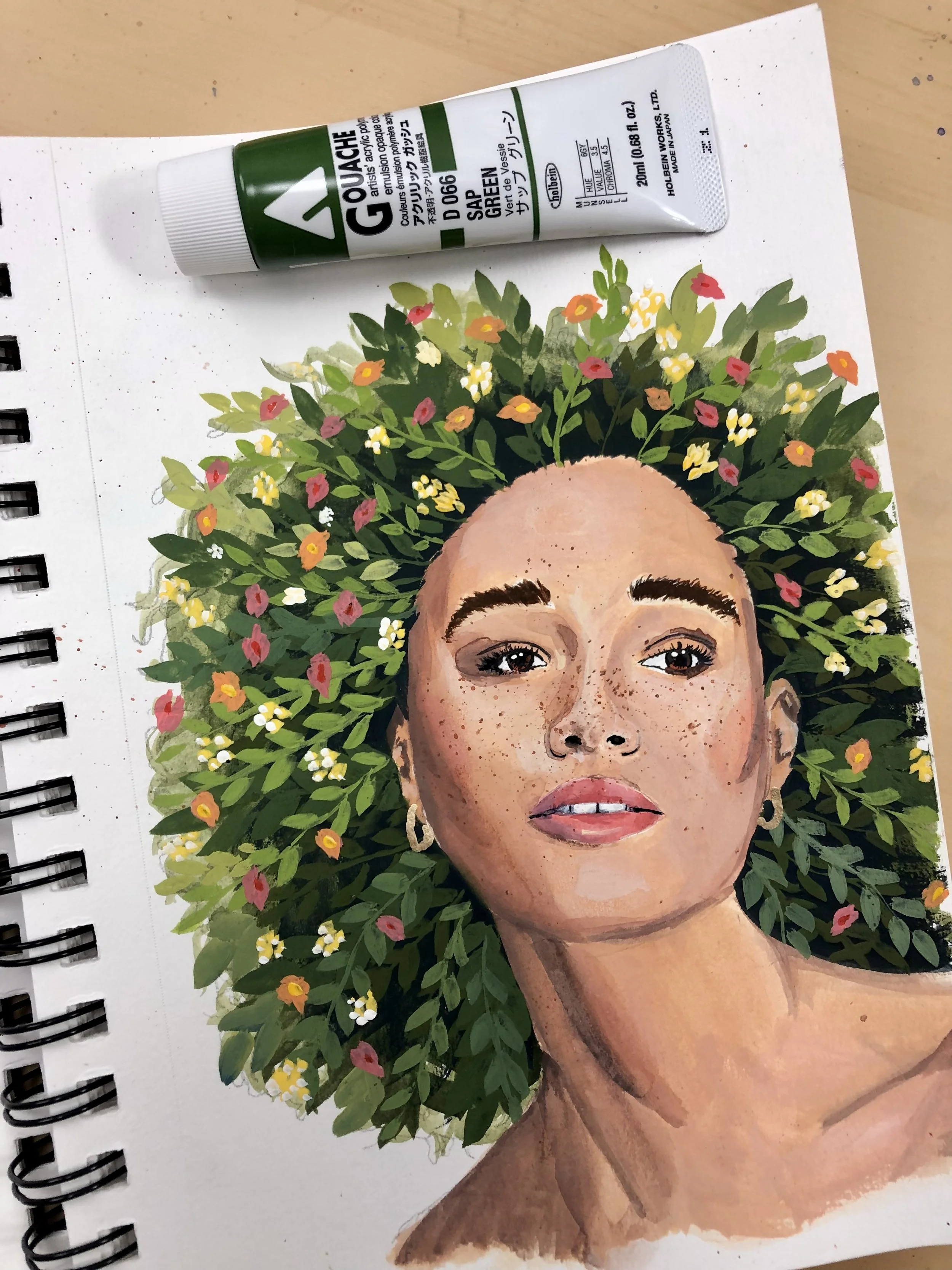 Woman with botanical hair greenery, vines, wildflowers instead of afro