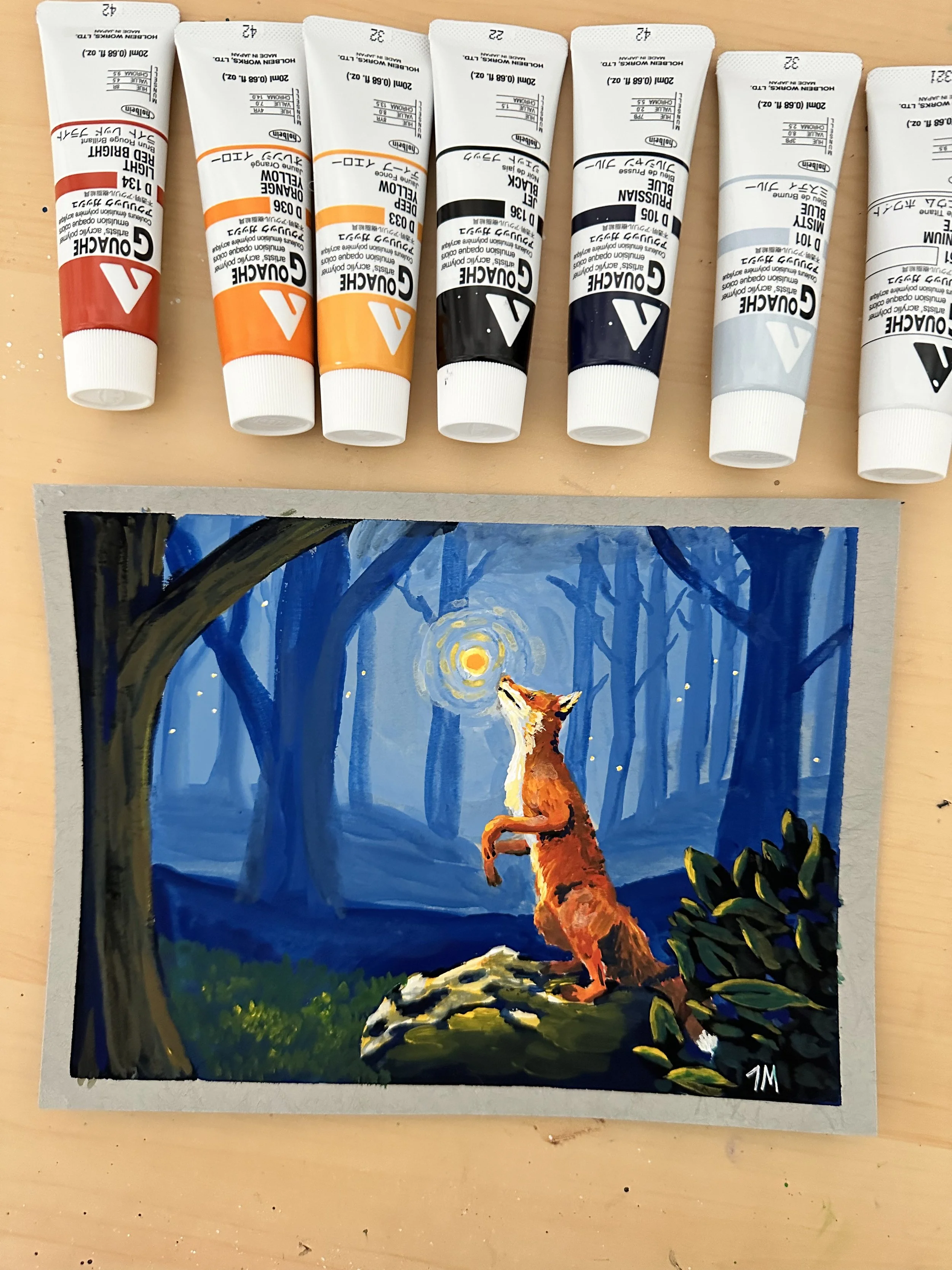 Orange fox standing on its hind legs on a rock reaching with its snout for a firefly in a night time forest