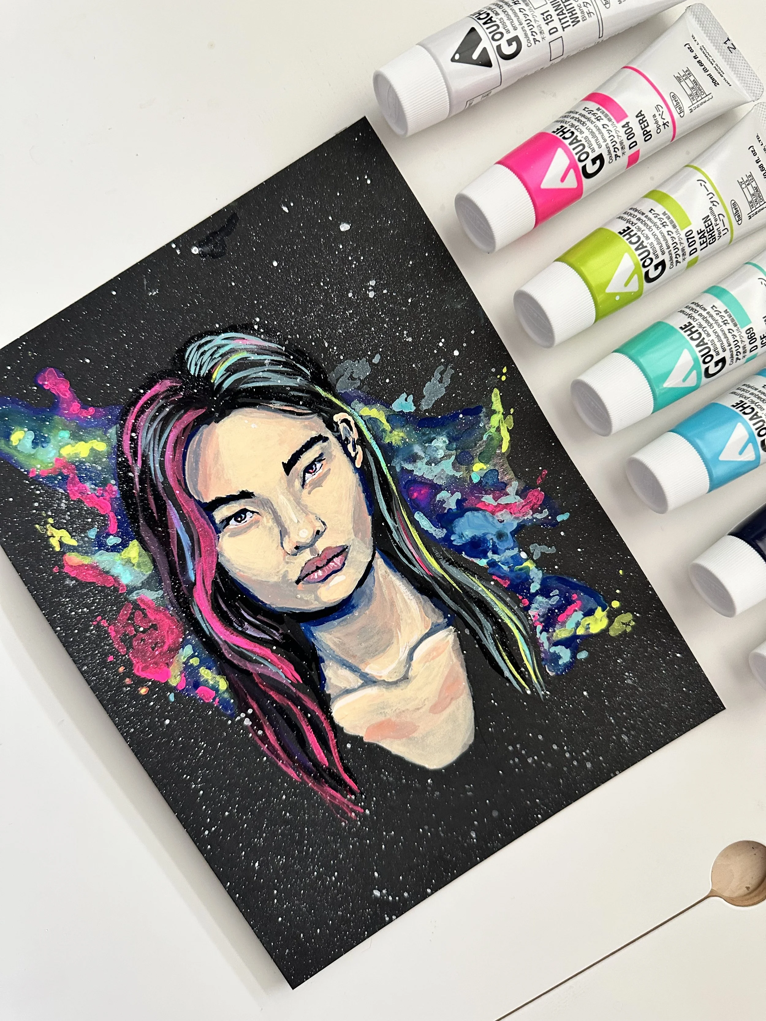 asian women with black hair techno color streaks space nebula