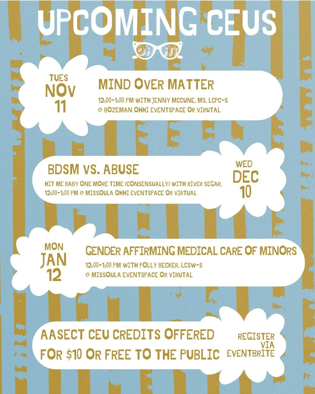 Our CEU schedule through January is officially live and ready to turn some brains on! 🧠✨

AASECT CEU credits are just $10, and all events are free to the public 

Come learn, connect, and get a little nerdy with us &mdash; register now via Eventbrit