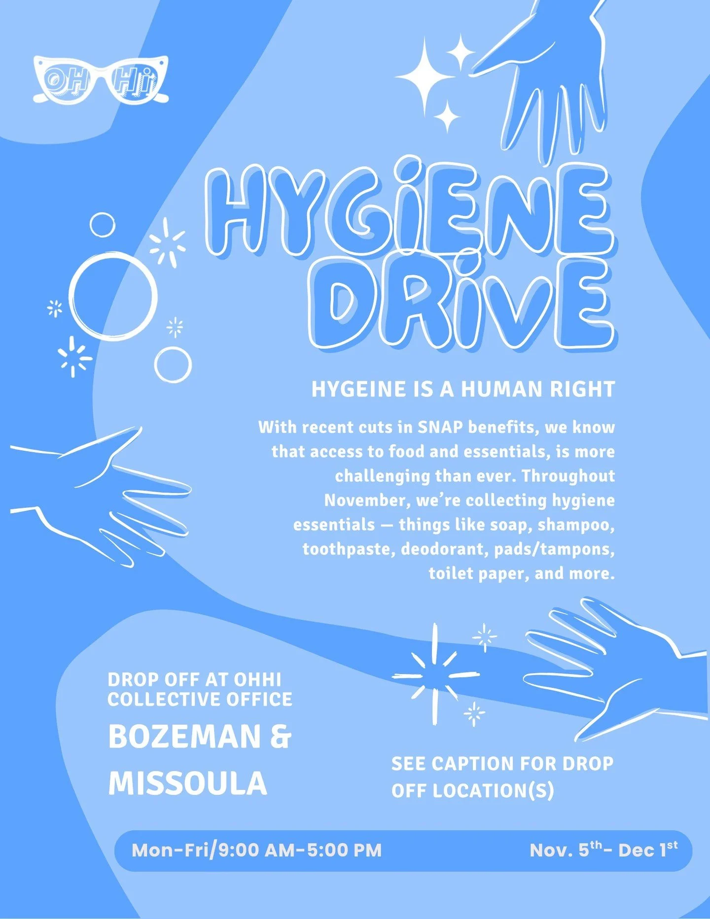 November Hygiene Drive!

With SNAP benefits recently being cut, we know that putting food on the table is getting harder for many folks in our community. We want to help make sure no one has to go without the basics.

All through November, we&rsquo;r