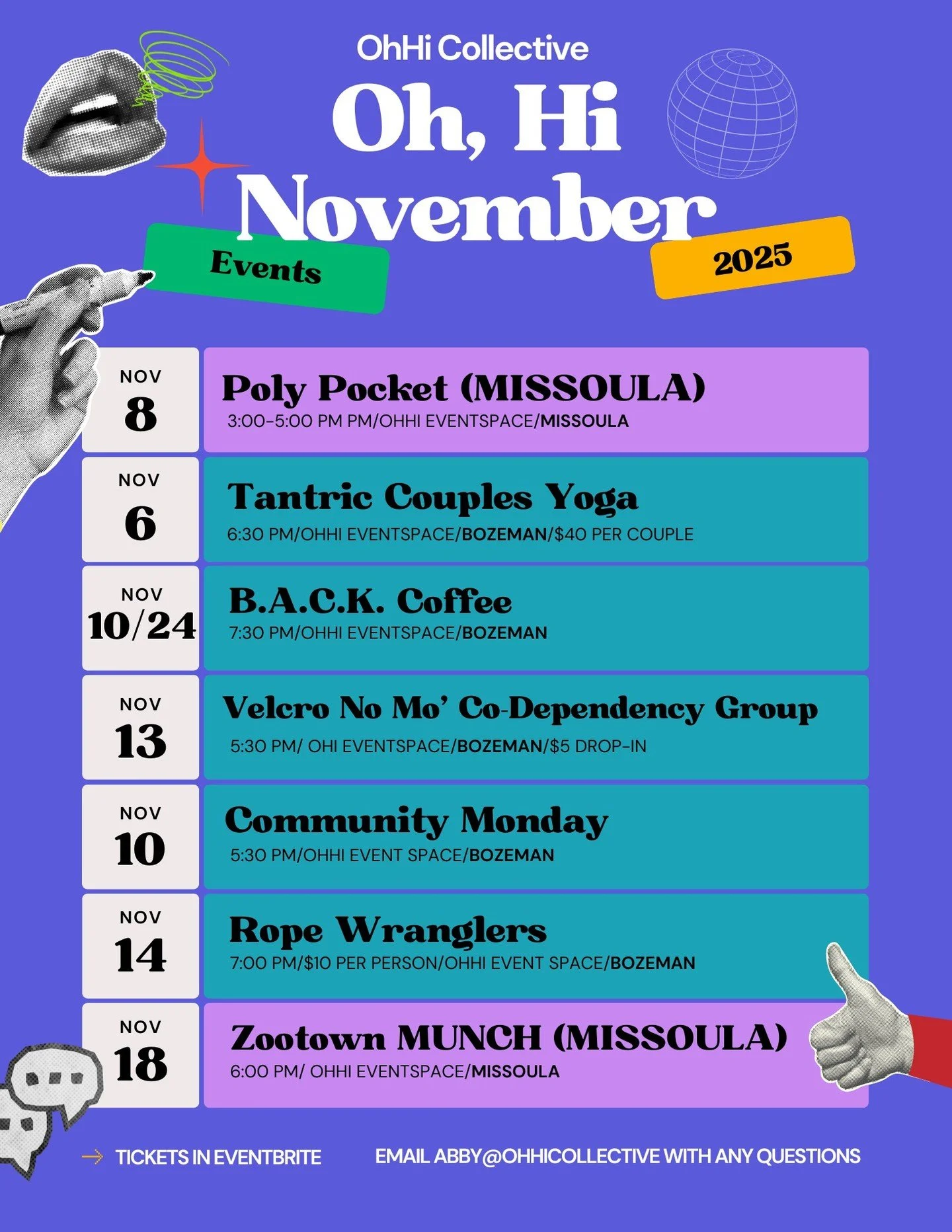 OhHi November! 
✨
We&rsquo;ve got a stacked month ahead and can&rsquo;t wait to see your faces at our events!

As things start to pick up in Missoula, we&rsquo;ve made it easy to tell where everything&rsquo;s happening &mdash;

💜 Purple = Missoula e