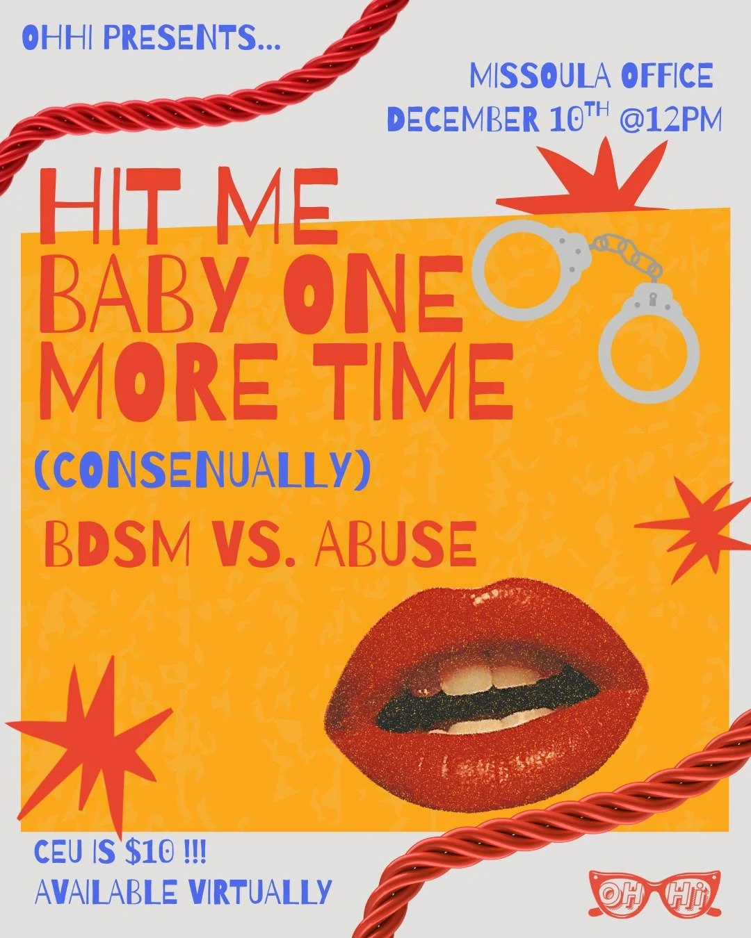 Hang with us in person or virtually for a unique and insightful Lunch &amp; Learn session led by River Segar. Join us for BDSM vs. Abuse: Hit Me Baby One More Time (Consensually) &mdash; a Lunch &amp; Learn designed for therapists and helping profess