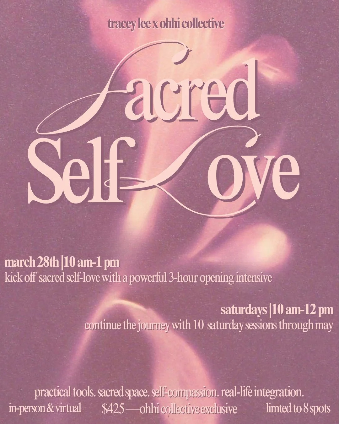 Sacred Self-Love with Tracey Lee is a space to move beyond surface affirmations and into embodied, everyday self-trust. Practical tools. Sacred space. Real self-compassion.

This journey begins with a 3-hour intensive kickoff, followed by 10 weekly S