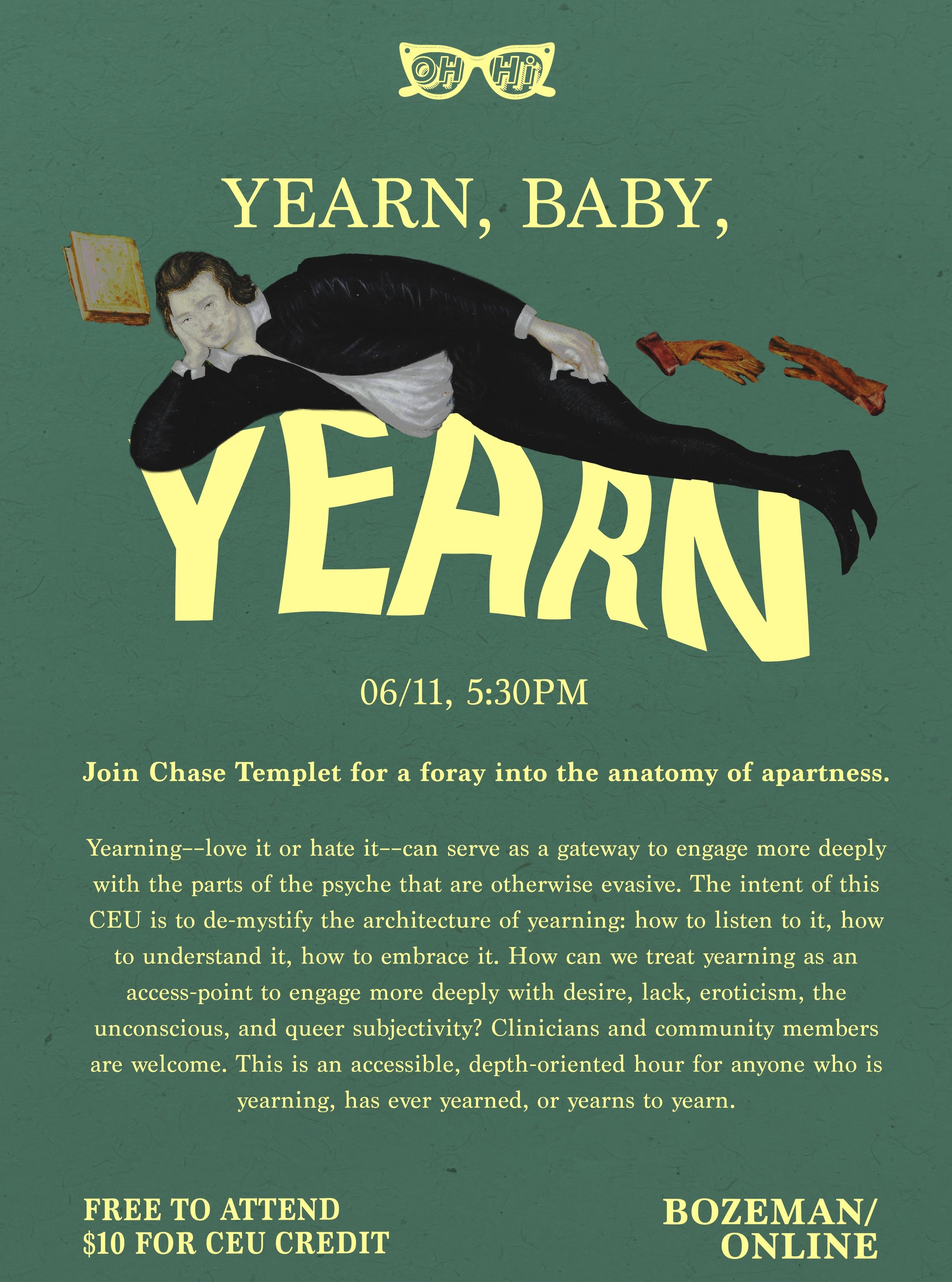 Yearning &mdash; love it or hate it &mdash; can serve as a gateway into the parts of ourselves that are often the hardest to name.

Join us on June 11th at 5:30 PM for a depth-oriented CEU exploring the architecture of yearning: how to listen to it, 