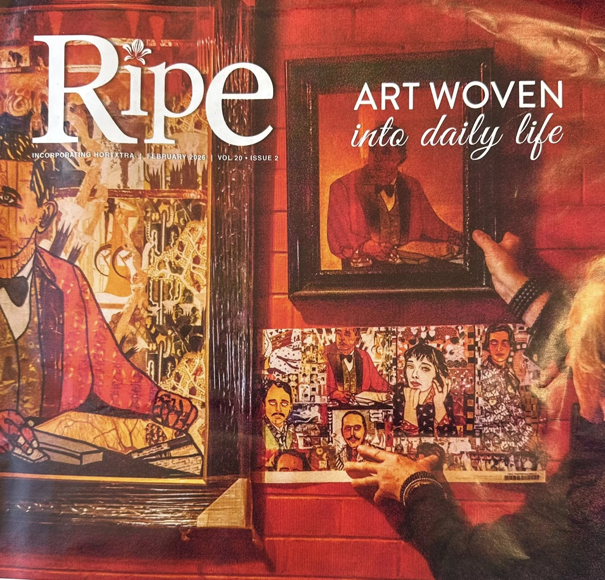 Close-up of a book cover titled 'Ripe' with the subtitle 'Art Woven into daily life,' showing various colorful, artistic illustrations and portraits.