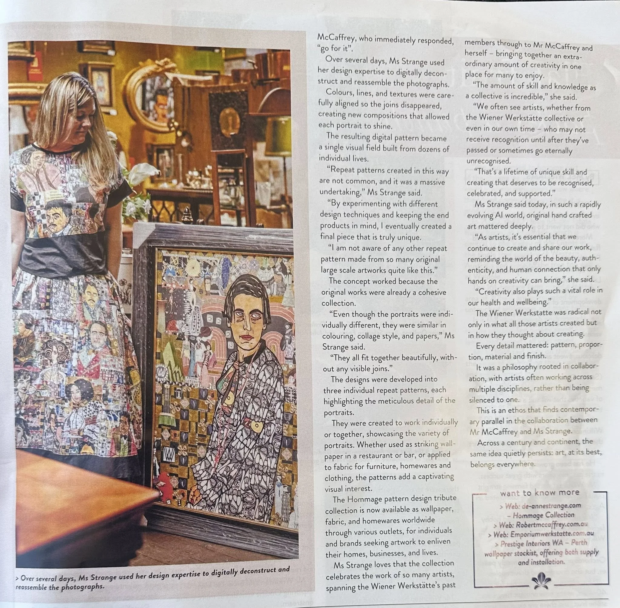 Photograph of a woman with blonde hair wearing a colorful patterned top, standing in front of an art display in a gallery or store. The display features numerous portraits in varying styles and colors, with some abstract elements.