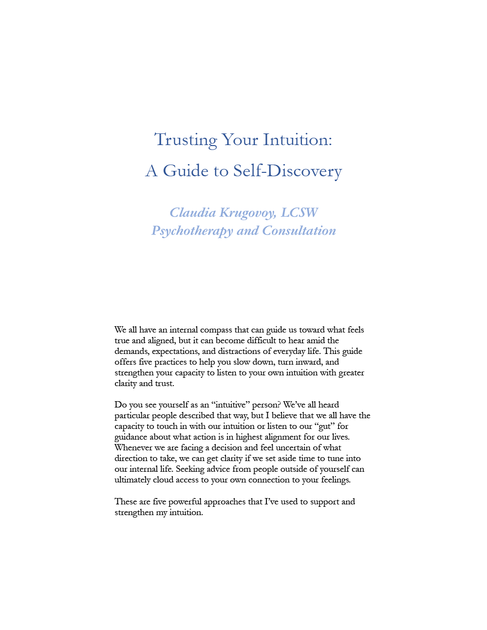 Cover of Trusting Your Intuition: A Guide for Self-Discovery by Claudia Krugovoy, LCSW.