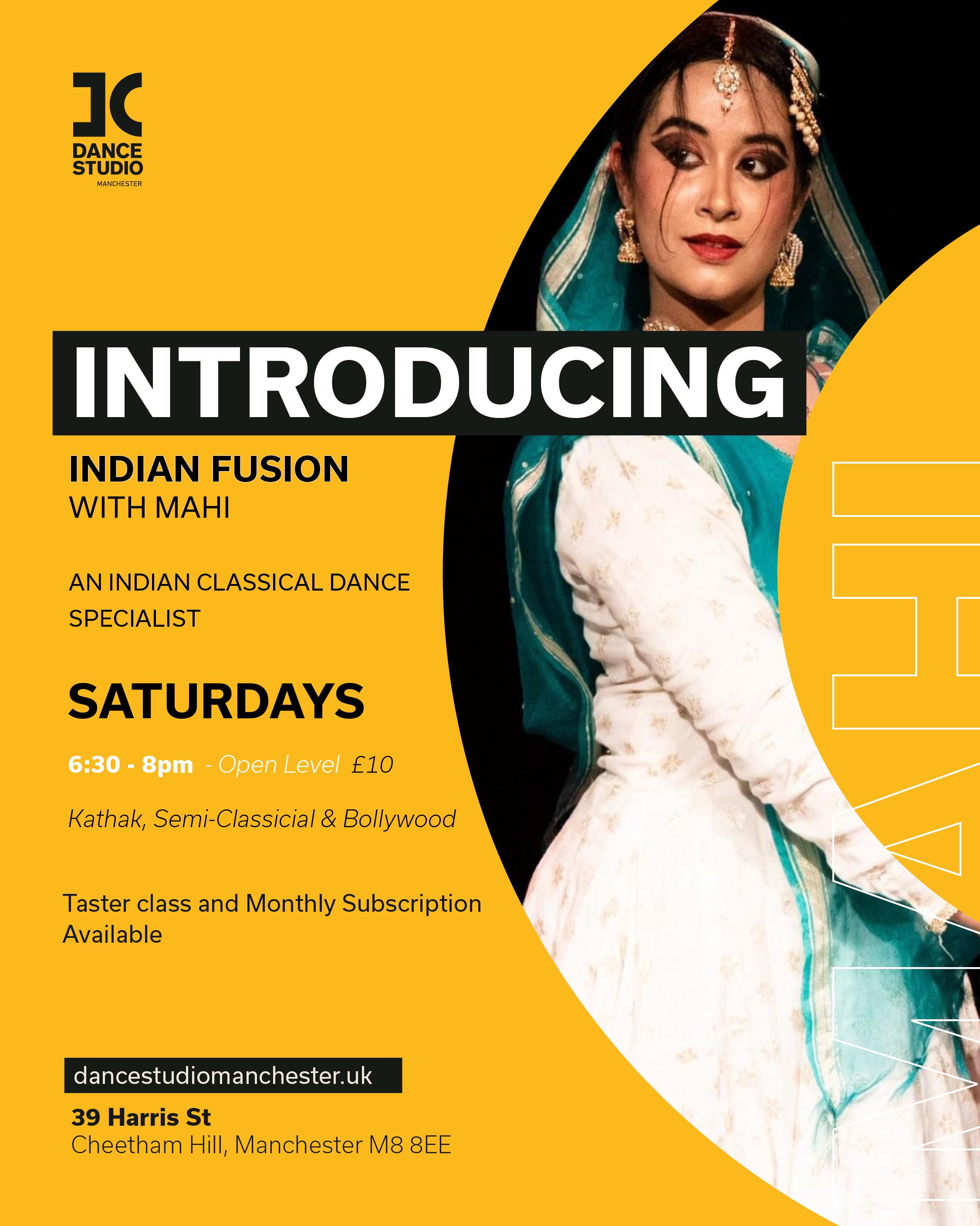Indian Fusion Dance Class Saturdays  6:30-8pm - Open Level - at Dance Studio Manchester